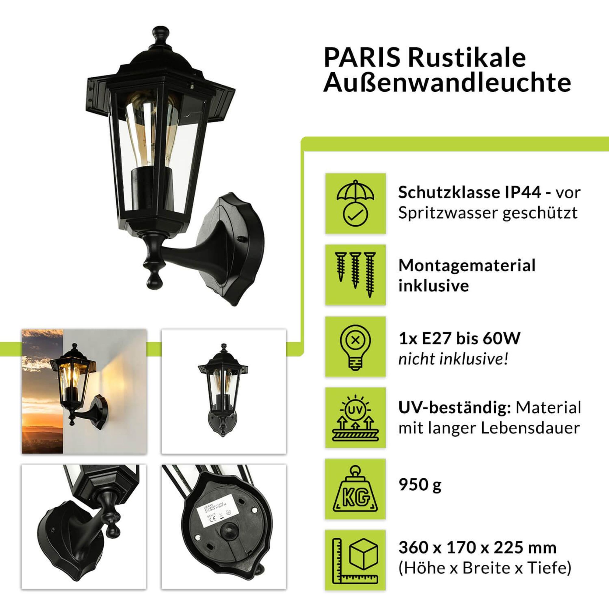 Highlights der PARIS Außenlampe für die Wand