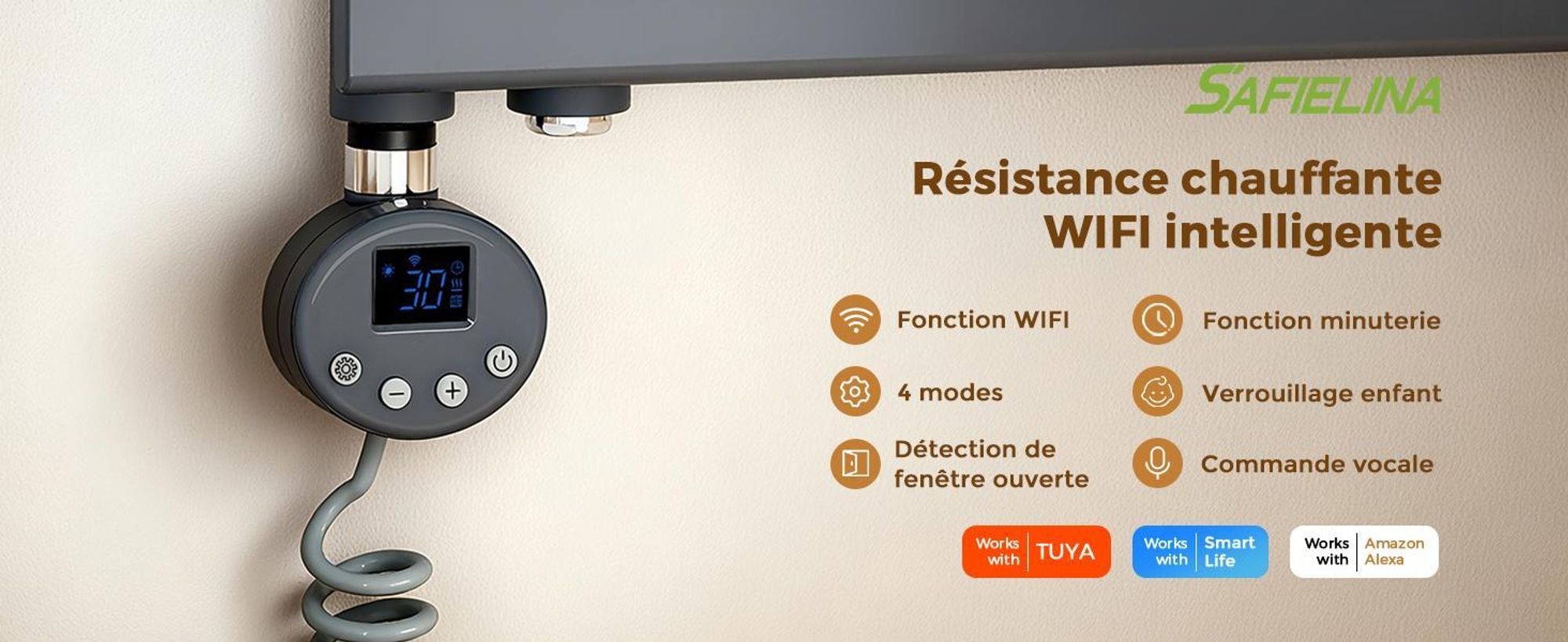 S'AFIELINA thermoplongeur avec thermostat 900W, minuterie programmable & affichage LCD, WiFi, pour radiateur de salle de bain, acier inoxydable, contrôle intelligent, anthracite