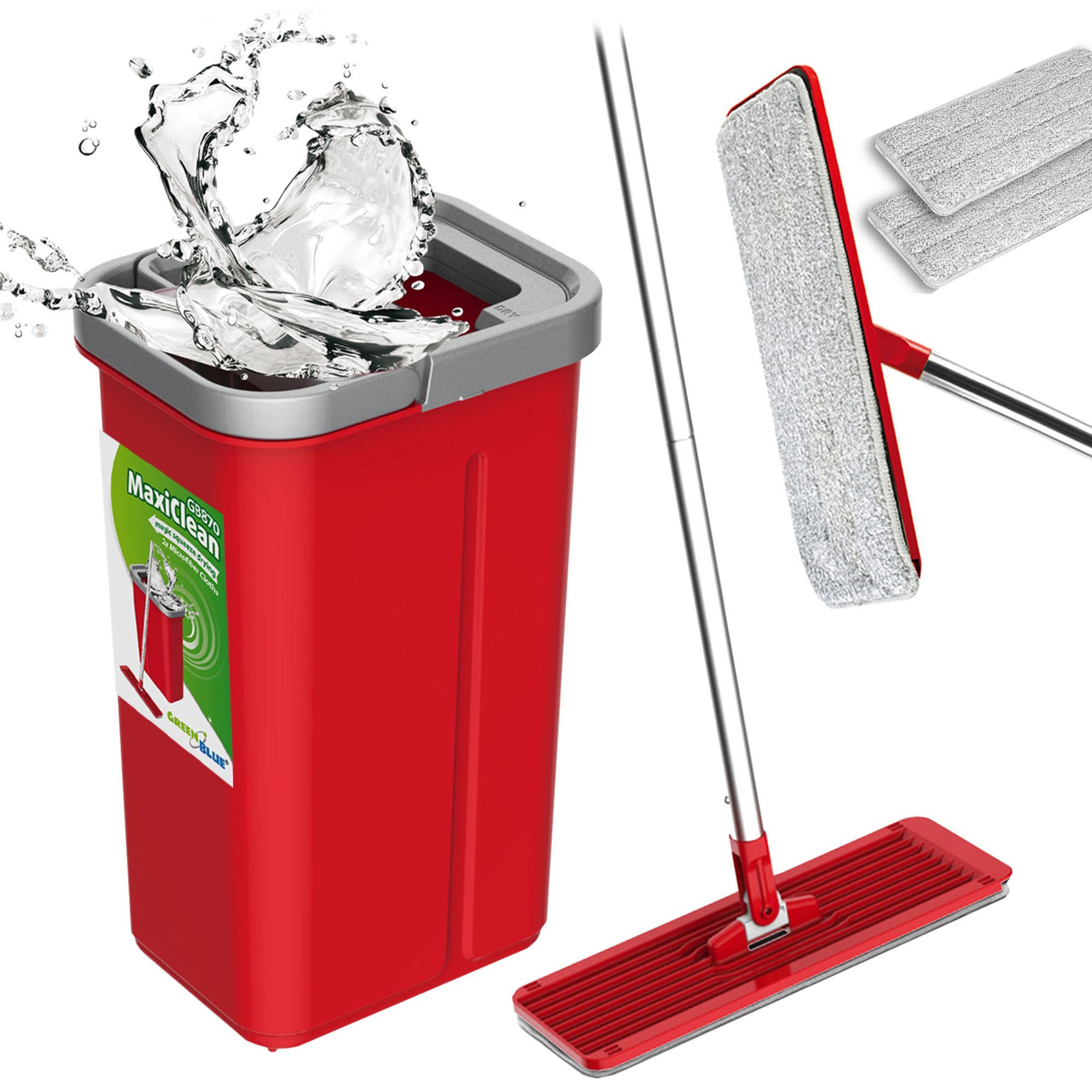 MaxiClean Flachmopp Set mit 2 in 1 Putzeimer 5,7L Wischmop Set Bodenwischer Mopp Mop Reinigungssystem 360°