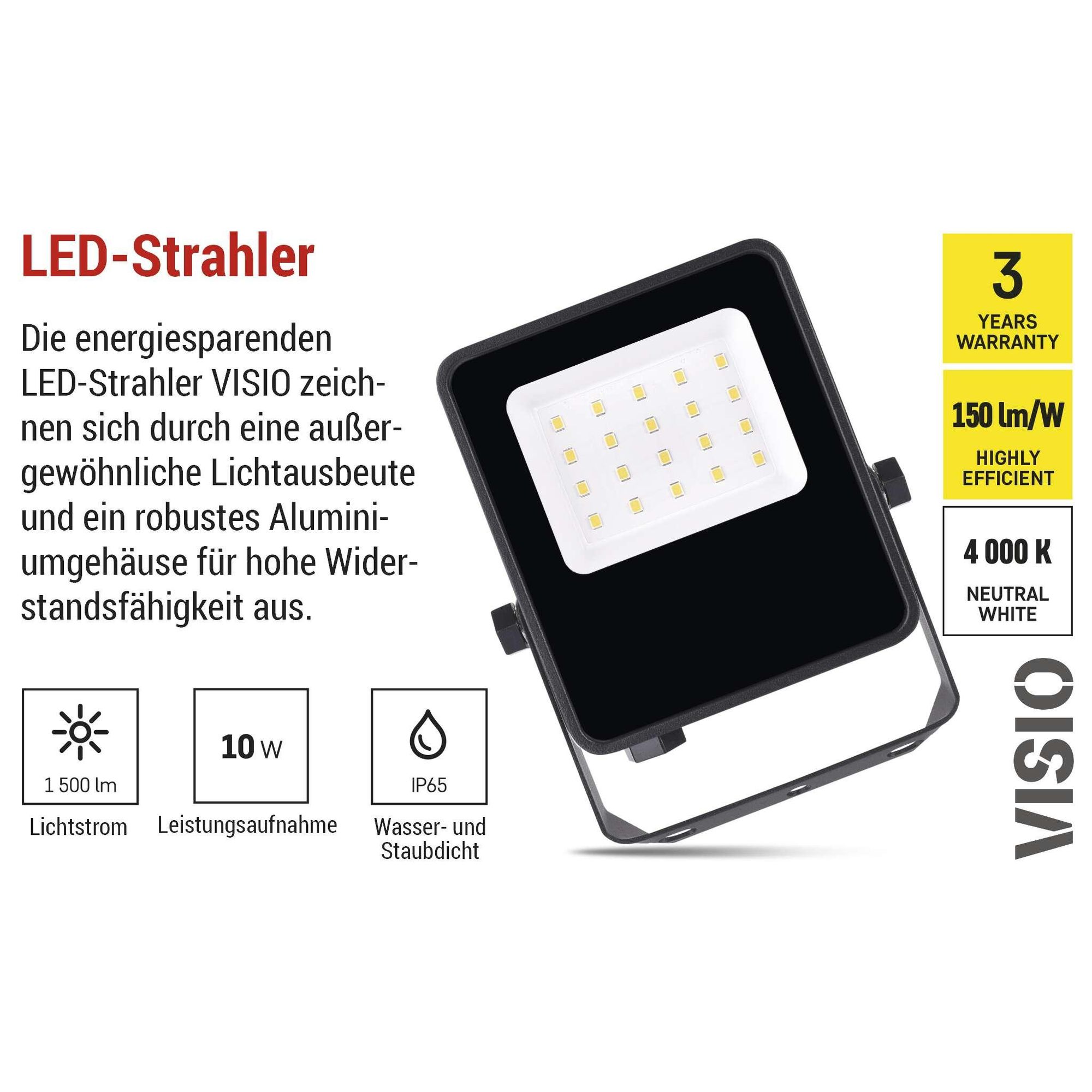 EMOS LED-Strahler VISIO 10W, 1500 lm, ultradünnes Aluminium Flutlicht, wasserdicht, neutralweiß, hohe Lichtleistung 150lm/W, für Außenbereich, ZS2513