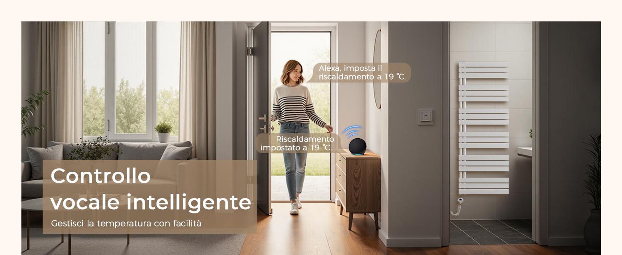 S'AFIELINA Radiatore elettrico per asciugamani 1041×400 mm, Radiatore elettrico per bagno con termostato, WiFi, timer programmabile, display LCD, 400 W, Bianco