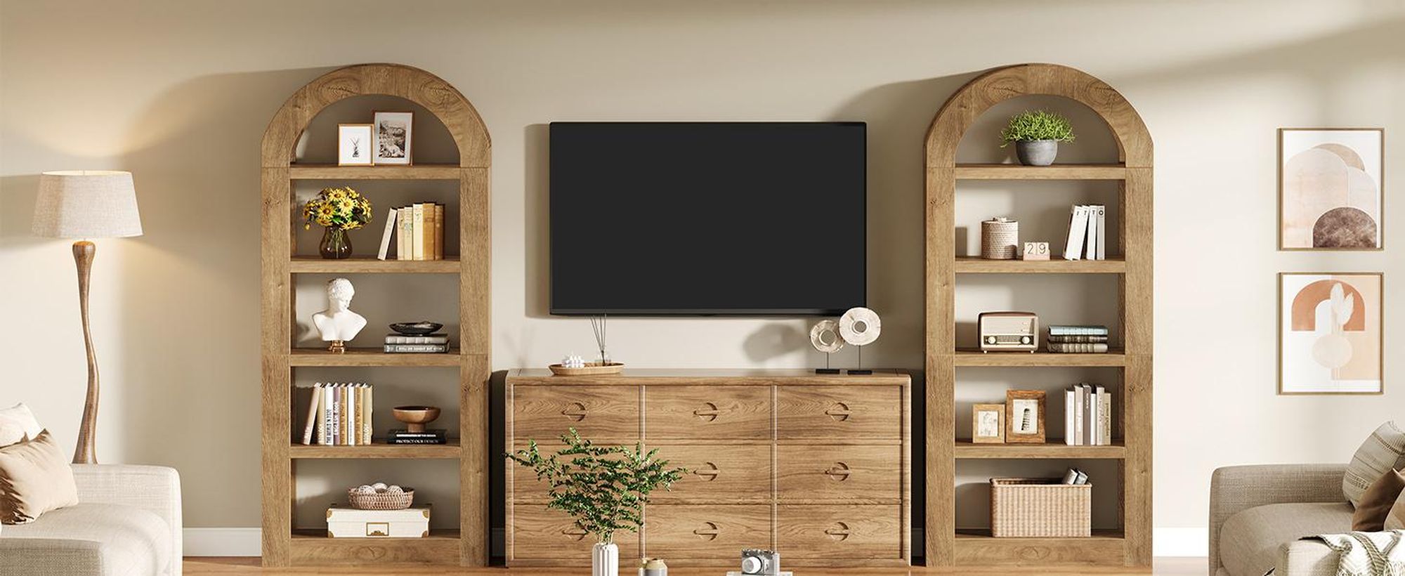 Tribesigns 180 cm Bücherregale, gewölbt Standregale mit Stauraum, 5-stöckiges offenes Bücherregal aus Holz mit Ablageflächen, naturfarben