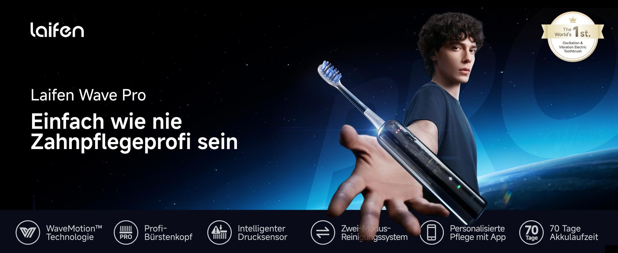 Laifen Wave Pro Elektrische Schallzahnbürste mit App, Drucksensor, 70 Tage Akku, kabelloses Laden und intelligenter Reinigungstechnologie-transparent