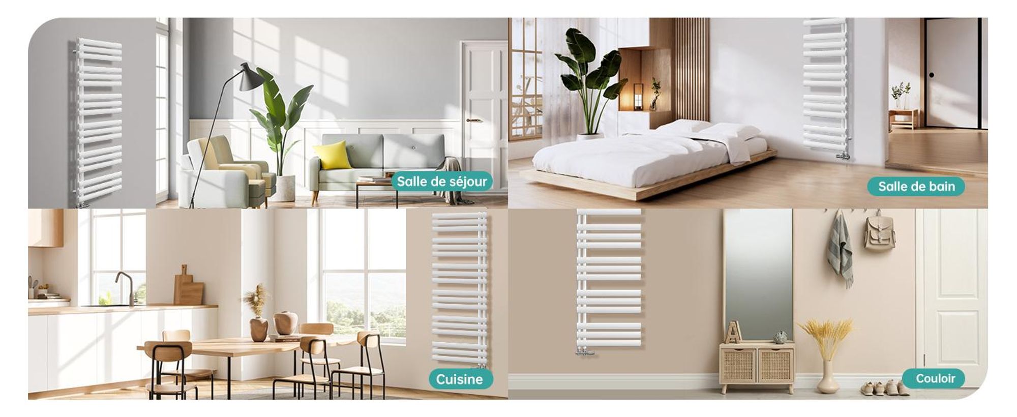 EMKE Radiateur de salle de bain tubulaire Tubes ovales Sèche-serviettes Chauffe-serviettes vertical Raccord latéral pour eau Blanc 143×40cm 484W sans thermoplongeur