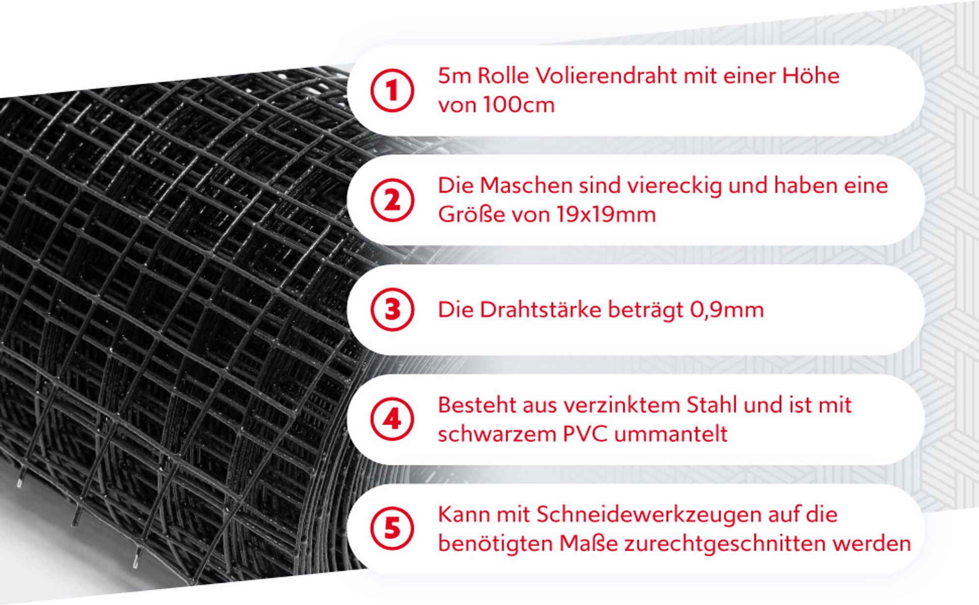 Wiltec Maschendrahtzaun Schwarz 100 cm x 5 m, 0,9 mm Stärke 19x19 mm Maschengröße, Volierendraht 4-Eck aus Stahl verzinkt, Drahtgitter, Vogeldraht