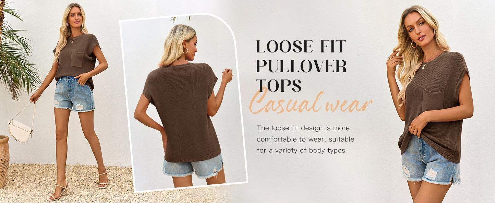 Damen-Strickwaren für Sommer und Herbst – Kurzarm, Rundhalsausschnitt, gerippter Westenstil