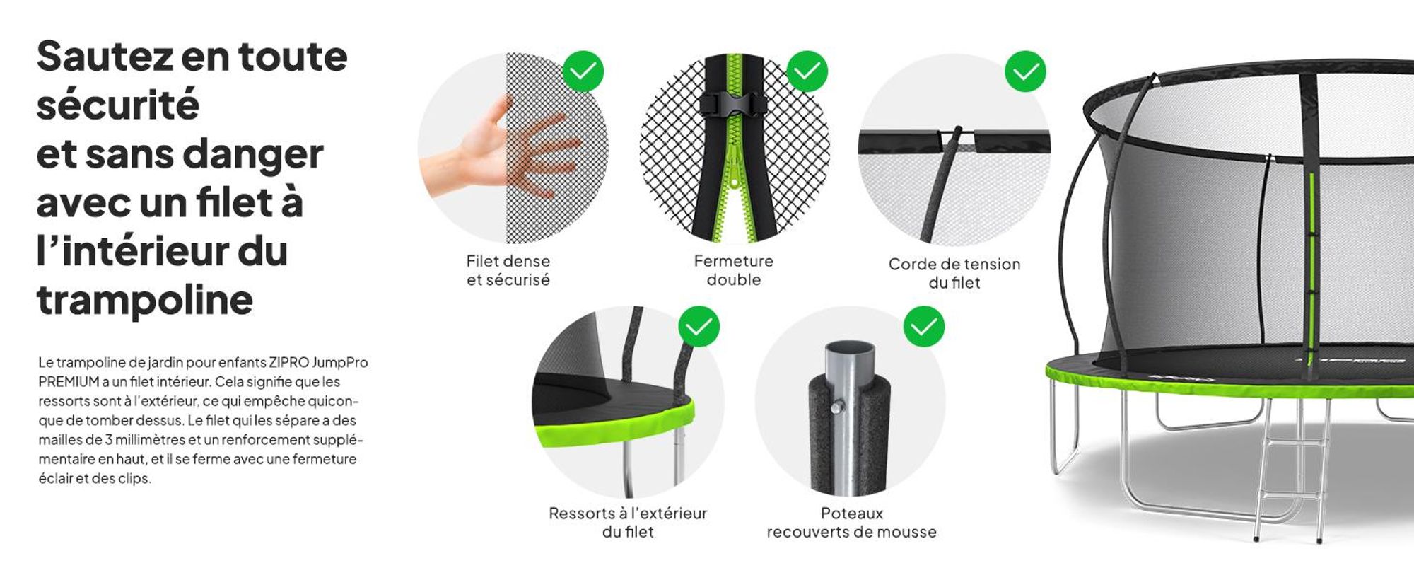 Trampoline ZIPRO Jump Pro Premium | 14FT Ø 435 cm | Trampoline de jardin Trampoline pour enfants Kit complet avec filet, échelle et housse de protection, extérieur, vert