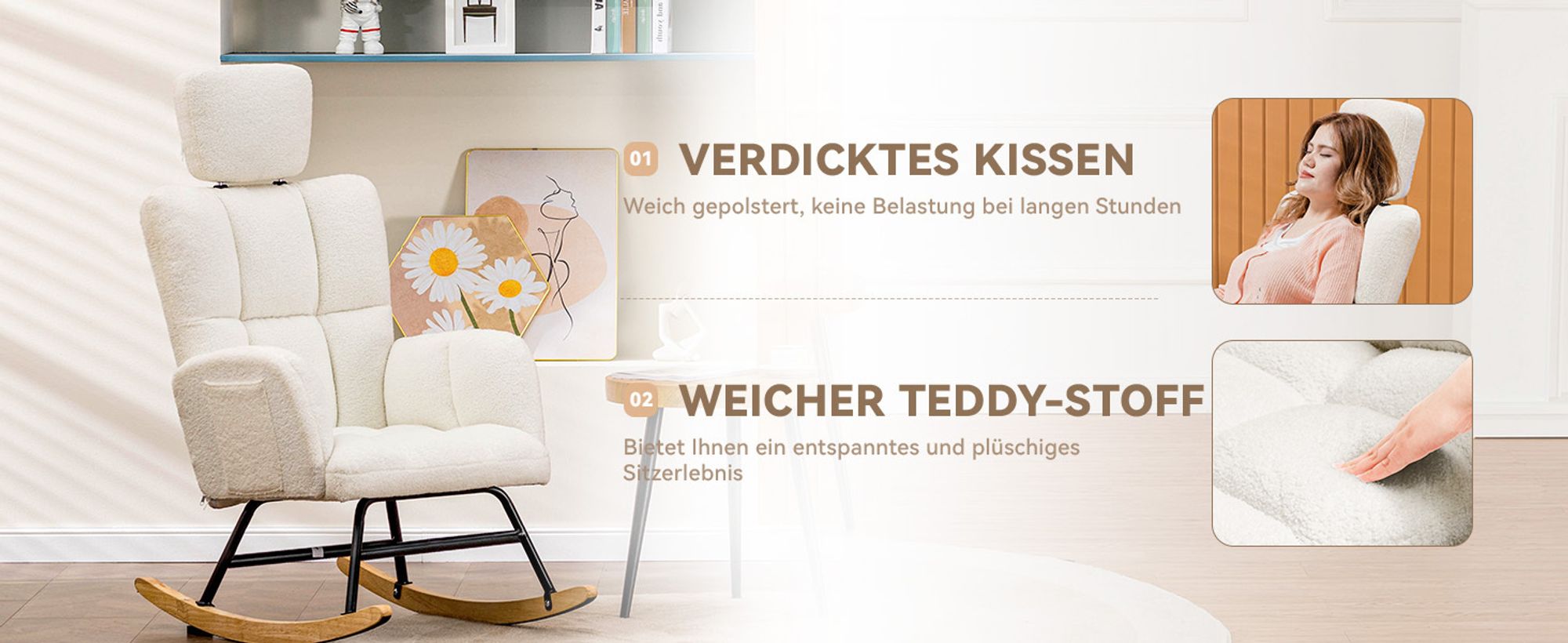 COMHOMA Schaukelstuhl mit Hocker, Relaxsessel, Ohrensessel aus Teddy-Plüsch Schaukelsessel, bis 150 kg belastbar, sonnenliege gartenliege beige