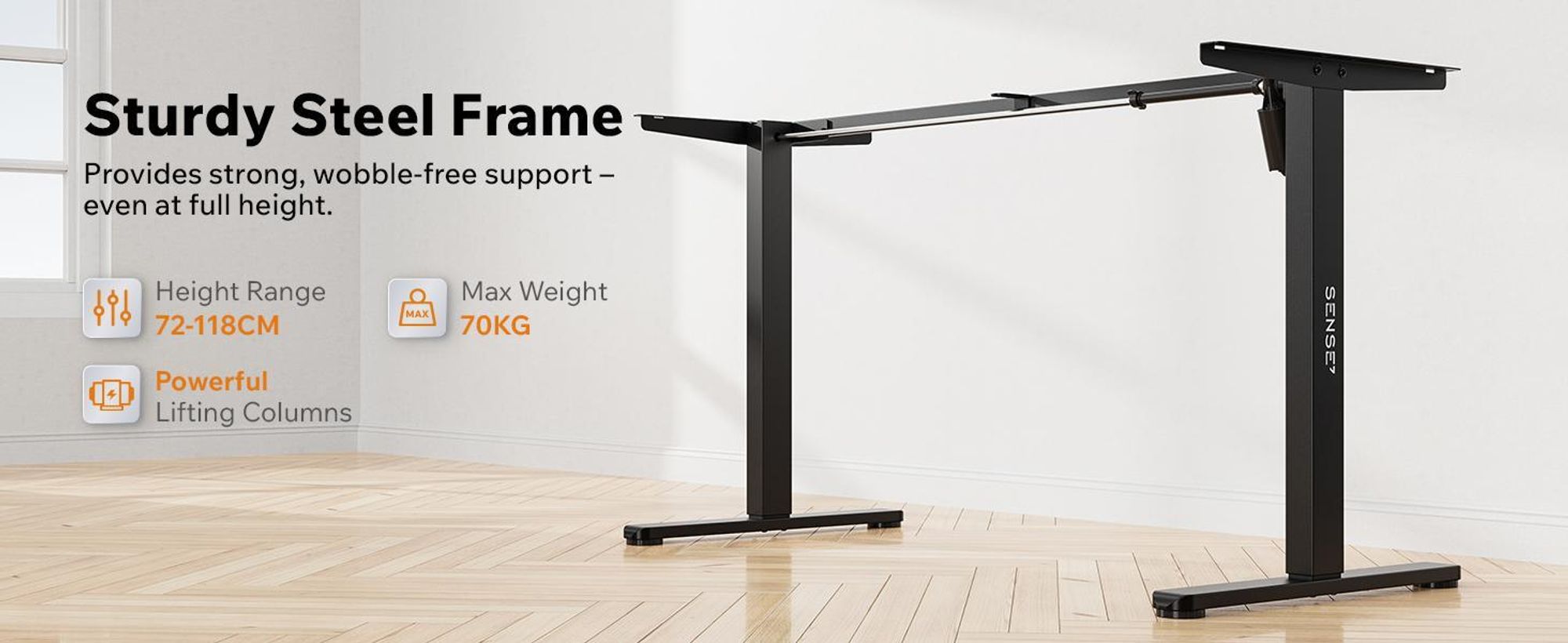 SENSE7 NOJO LIGHT Elektricky výškovo nastaviteľný stôl 120 x 60 cm, tmavohnedý a čierny, herný stôl, počítačový stôl, stôl na státie, Memory, PC, kancelária