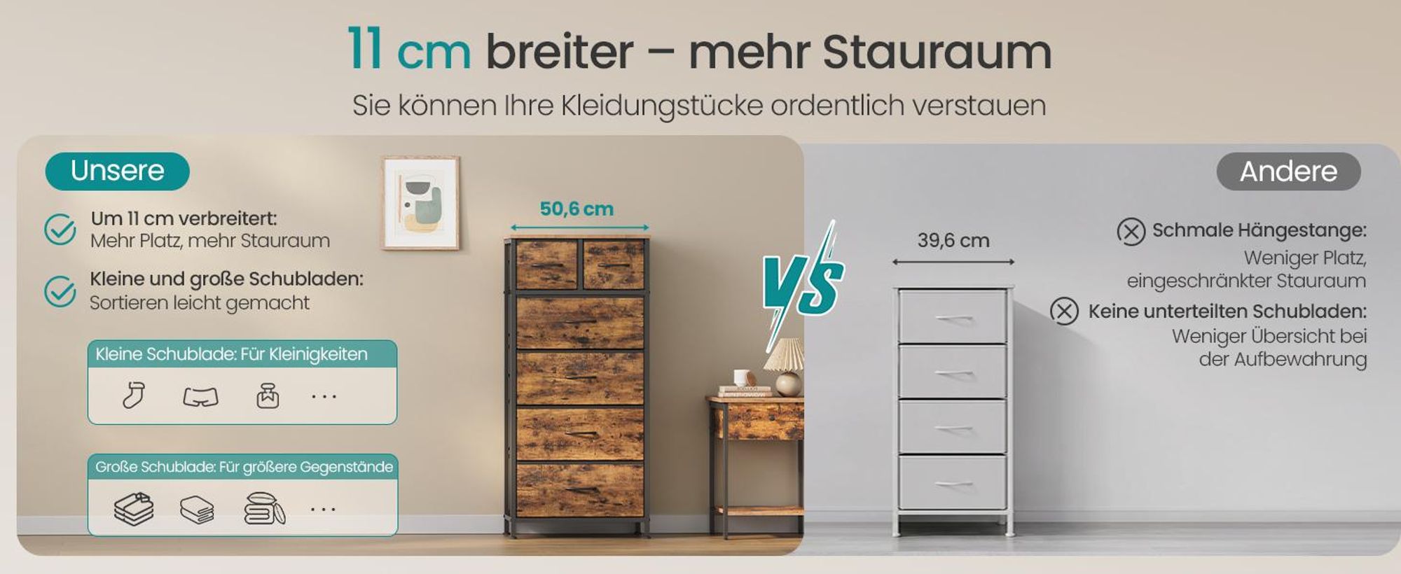SONGMICS Kommode im modernen Stil, Schubladenschrank mit 6 Stoffschubladen, 50,6 x 30 x 117,7 cm, Vintage-Braun