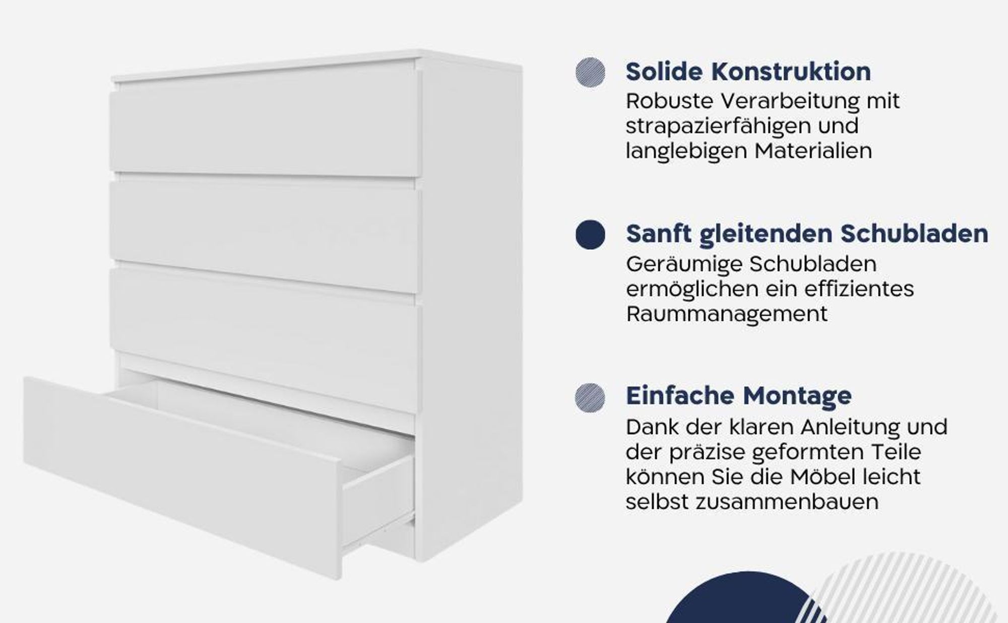 Kommode AVEN 90cm, Schrank 3 Schubladen, weiß lackiert,  Wohnzimmer, Schlafzimmer