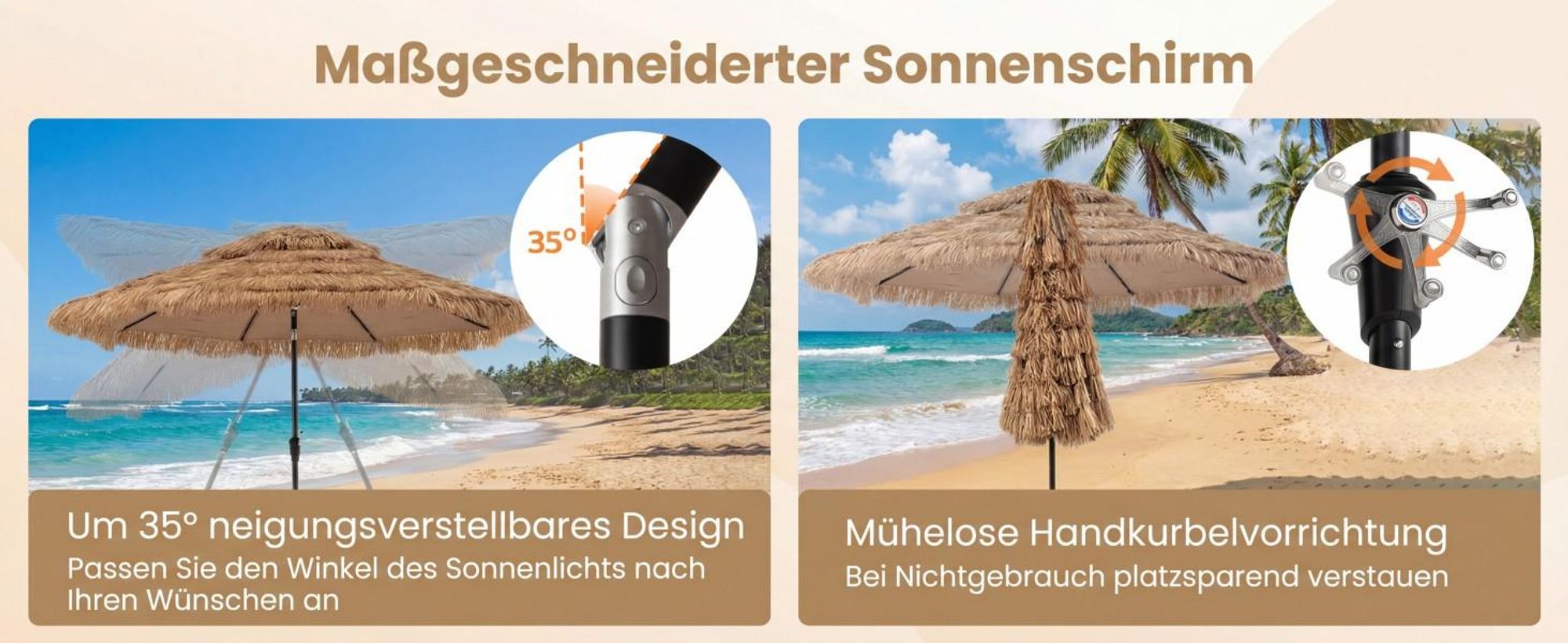 COSTWAY Sonnenschirm Hawaii 300 cm, Strohschirm mit Solar-LED und Doppeldach, Gartenschirm neigbar