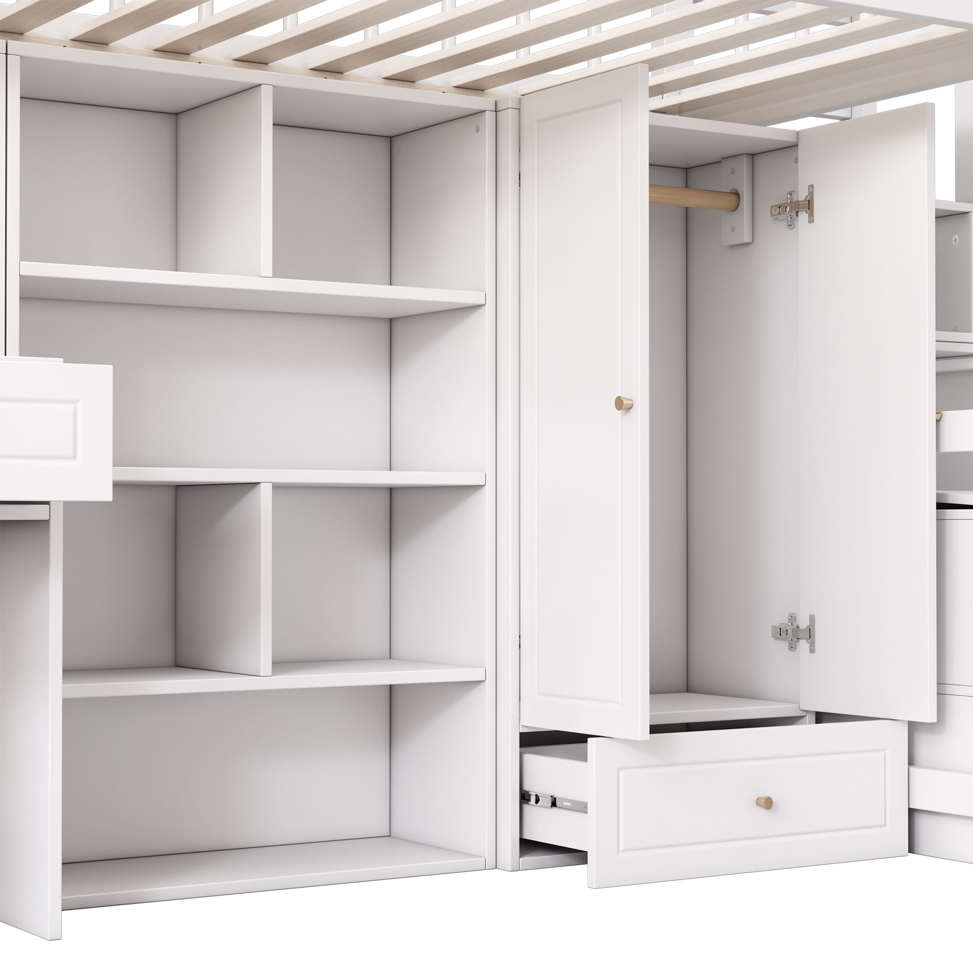Flieks Etagenbett 90x200cm mit Rausfallschutz, Hochbett mit Treppe, Komplettes Schlafzimmerset, Kinderbett mit Kleiderschrank Schreibtisch Regal, Weiß