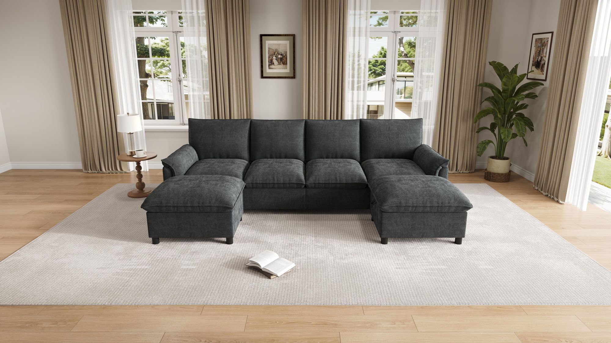Merax U-Form Sofa, 4-Sitzer Ecksofa mit 2 Fußhockern, Modulares Cloud-Sofa mit Bettkasten, Chenille Couch Mit Stauraum, Soffa, Wohnzimmersofa, Schwarz