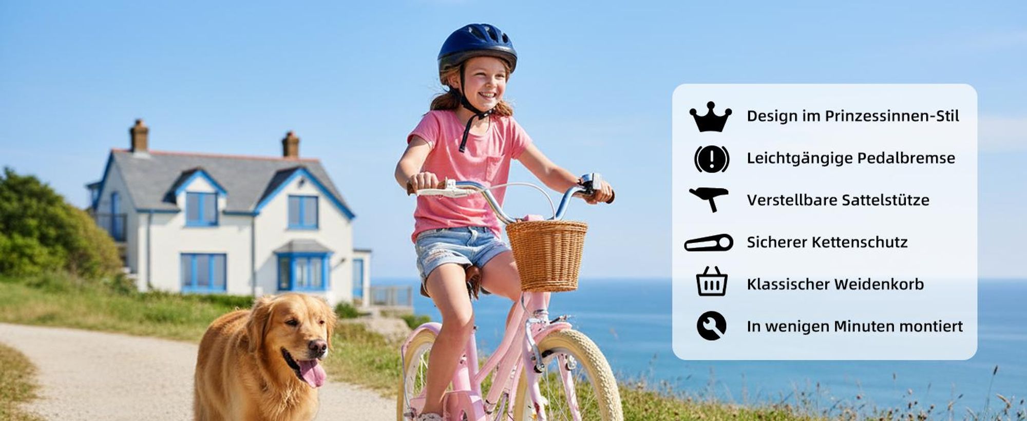 KEANO Prinzessin Kinderfahrrad für Mädchen in 12,16,20 Zoll, mit Weidenkorb, Doppelbremse sowie Kettenschutz