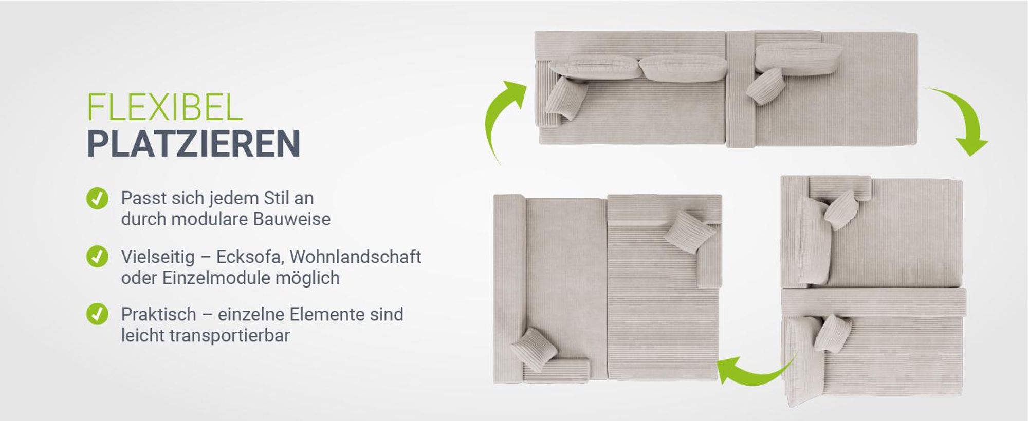 Juskys Sofa Coredo - Beige, moderne Couch aus Cord mit Kissen, Ottomane rechts