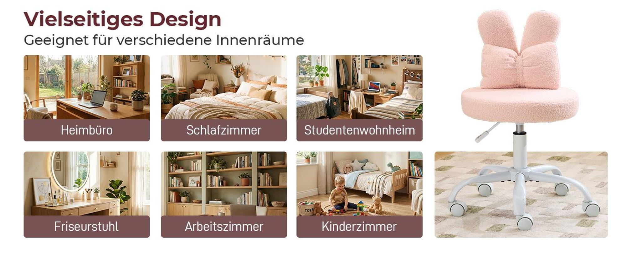FCH Kaninchenohren-Design Drehstuhl, Homeoffice Stuhl, Kinder Schreibtischstuhl kinderschreibtischstuhl Jungendstuhl Hasenohr, 360°,  Rosa
