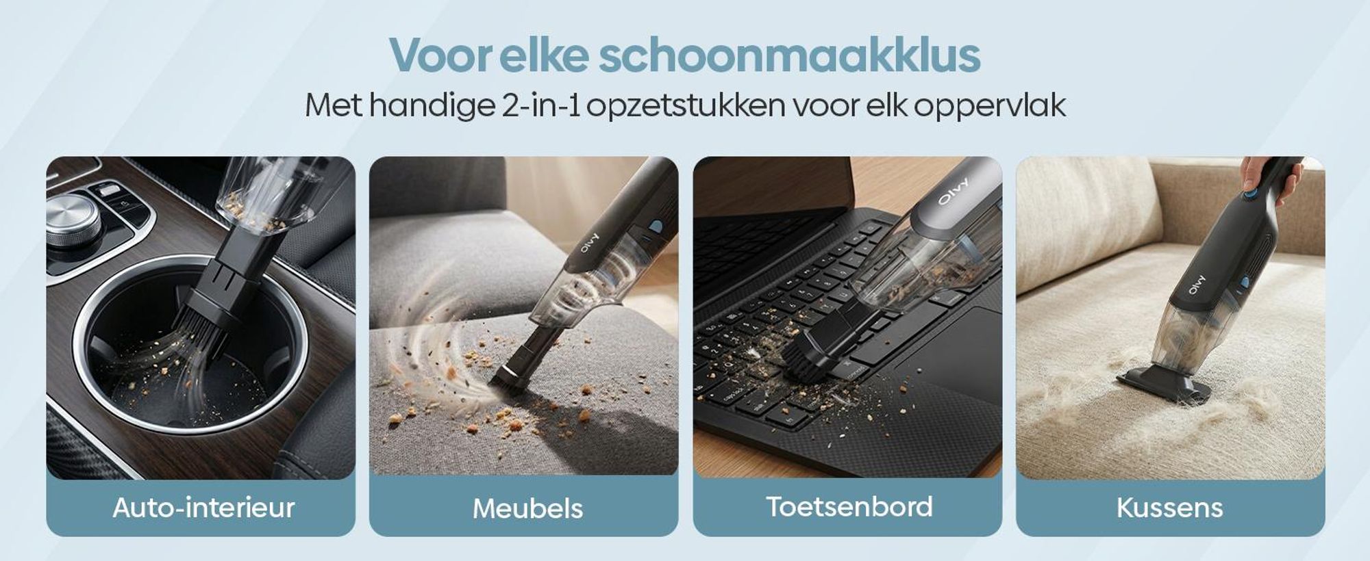 Olvy handstofzuiger, accuvoeding, zonder zak, mini stofzuiger met borstelloze motor, inclusief opzetstukken, ideaal voor auto, bank, meubels en dierenharen