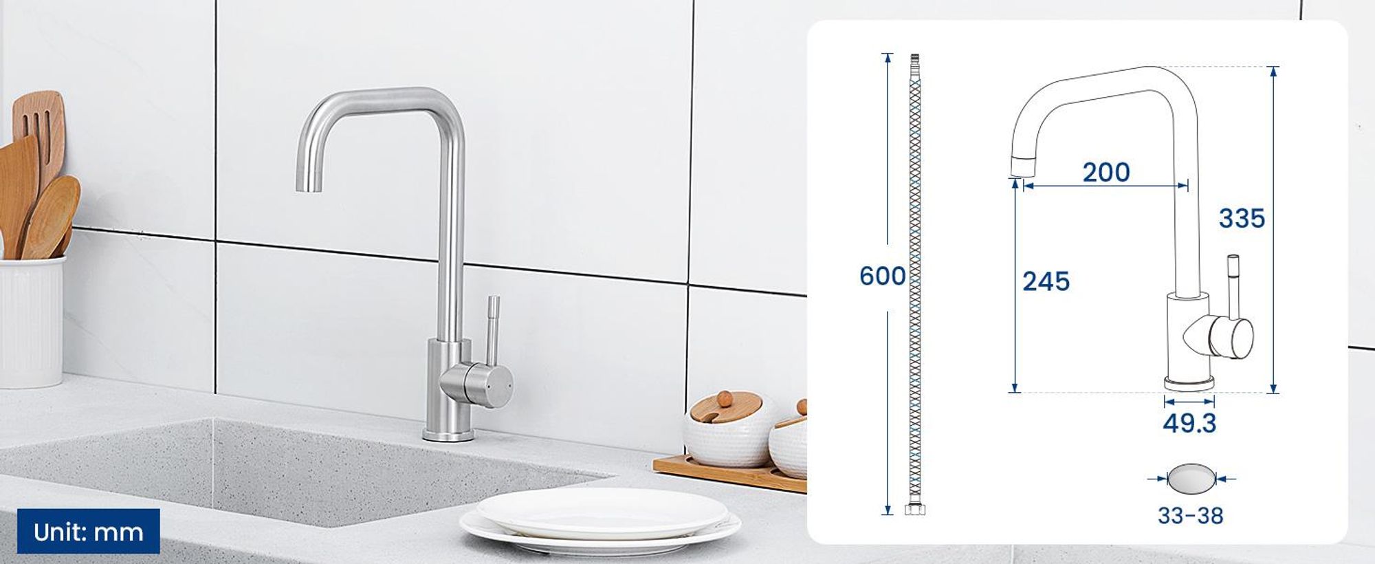 Wasserhahn Küche Hoher Auslauf L-Form, 360° Drehbar Spültischarmatur Gebürstet, Einhandmischer 304 Edelstahl Küchenarmatur Cecipa, Neoperl