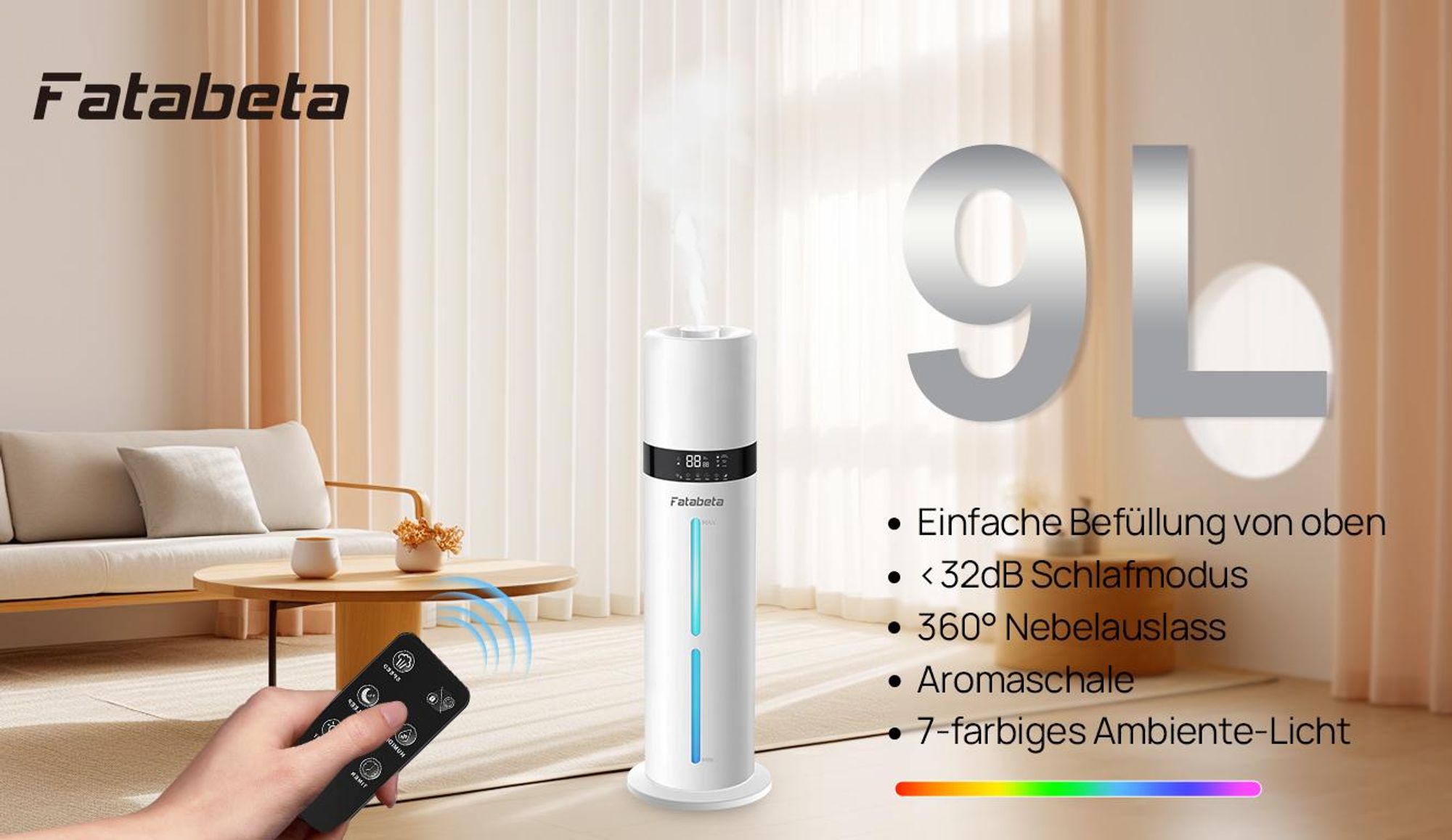FATABETA 9L Luftbefeuchter Ultraschall Top-Fill bis 50m²,330ml/h,360°verstellbare Düse,40–90%RH,12h-Timer,≤32dB Schlafmodus,Fernbedienung,Wasserstopp,Aroma+7-LED für Wohn/Büro,perfekt als Geschenk