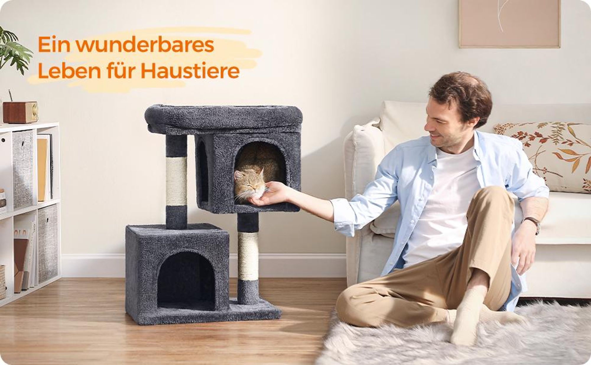 Feandrea Kratzbaum, 74 cm Katzenbaum, M, Katzenhaus für mittelgroße Katzen bis zu 5 kg, große Plattform, 2 Katzenhöhlen, Sisalstämme, rauchgrau PCT612G01