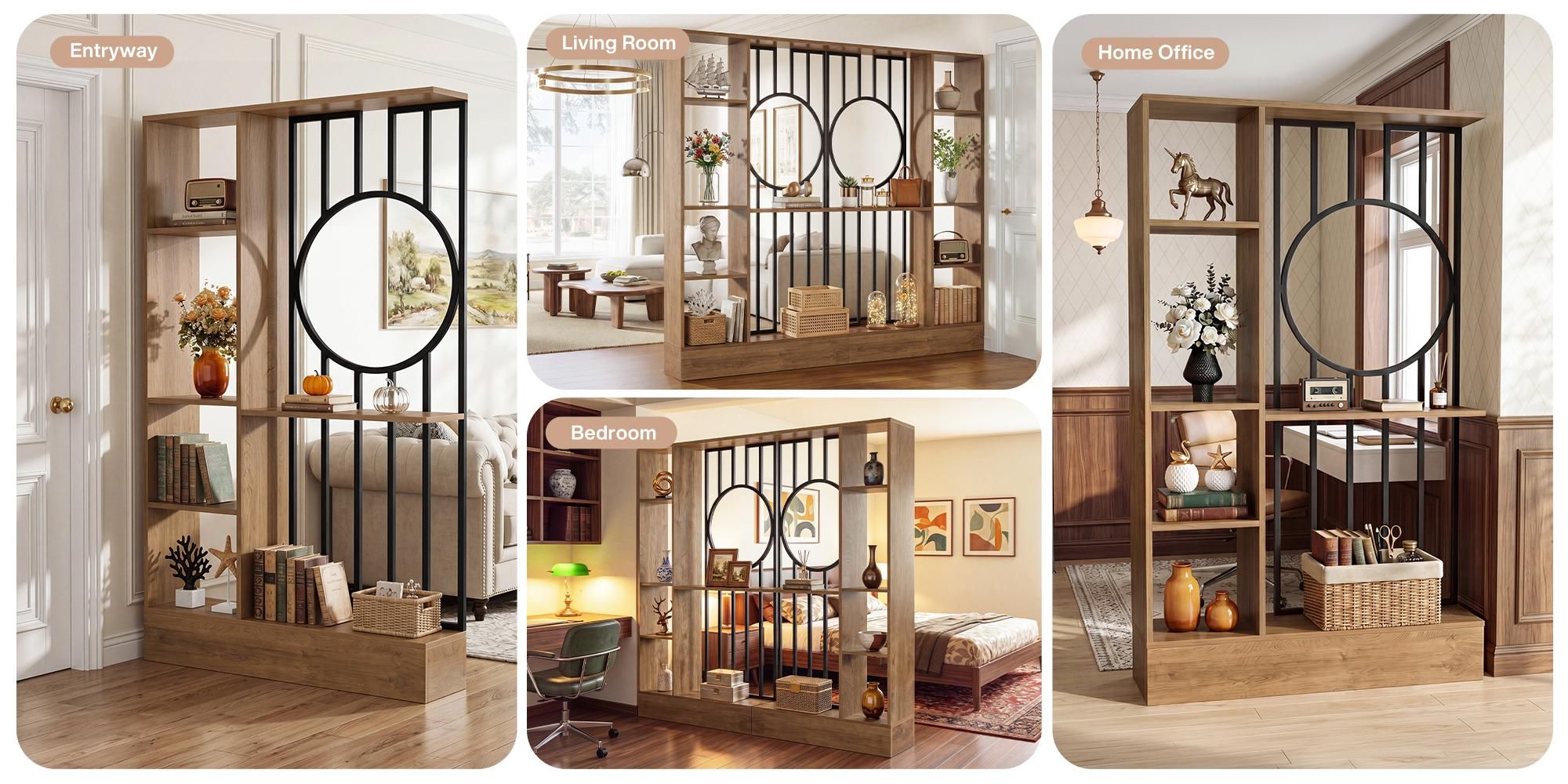 Wendbarer Raumteiler mit Ablage, 180 cm hoch Bücherregal, Standregal mit Ablagefläche, rundes Design, ideal für Wohnzimmer und Schlafzimmer