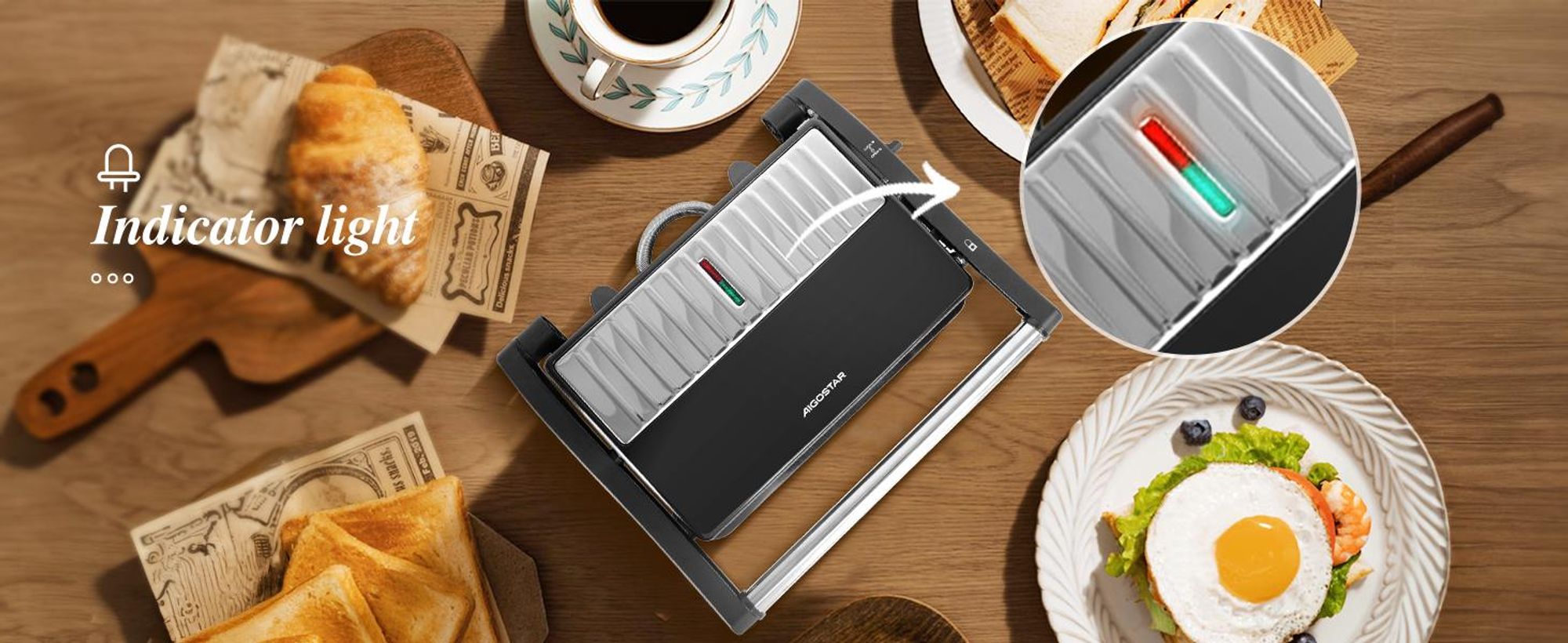 Aigostar - XXL Kontaktgrill Panini Grill, Sandwich Maker, Edelstahl, 1000W , Gleichmäßige Erwärmung, 180° Kontaktgrill, Leicht zu lagern