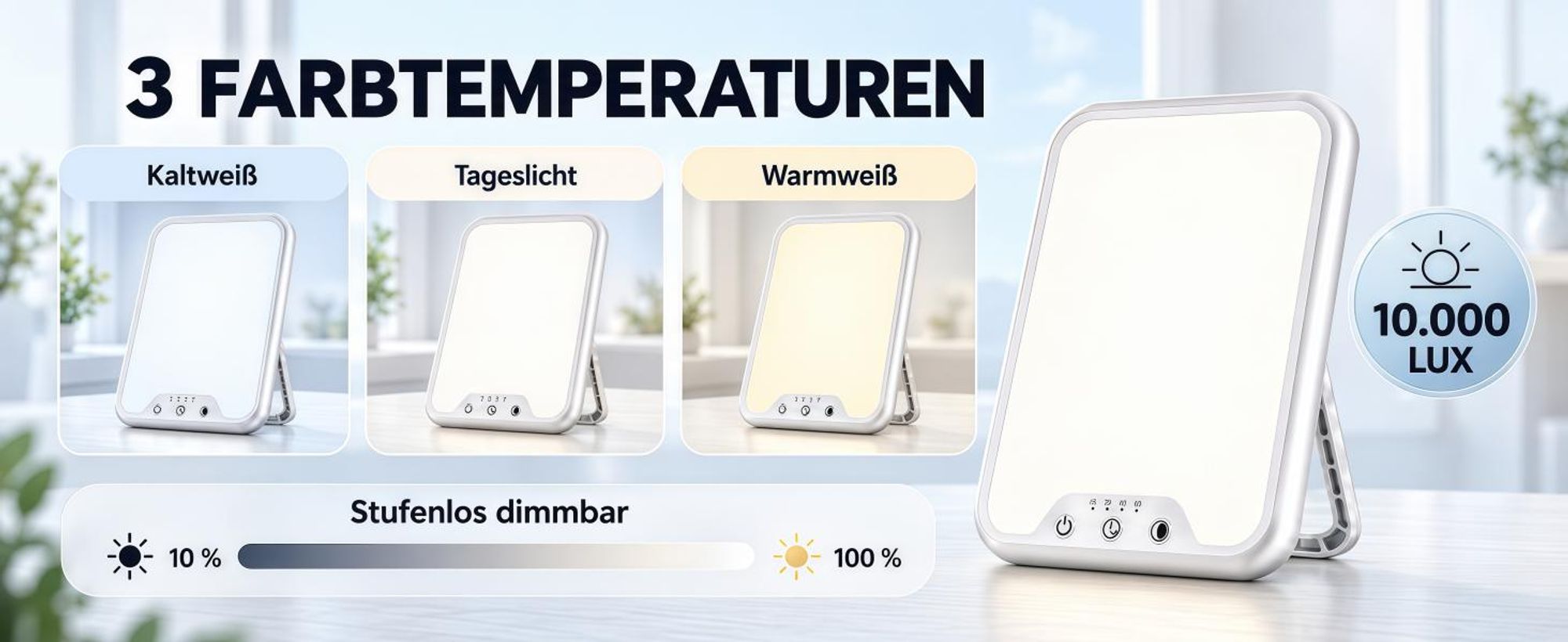 Tageslichtlampe 10000 Lux, Lichttherapiegeräte,UV-frei, stufenlos dimmbar, 3 Lichtfarben, Touch-Steuerung,4 Timer, faltbar, ultradünn & leicht