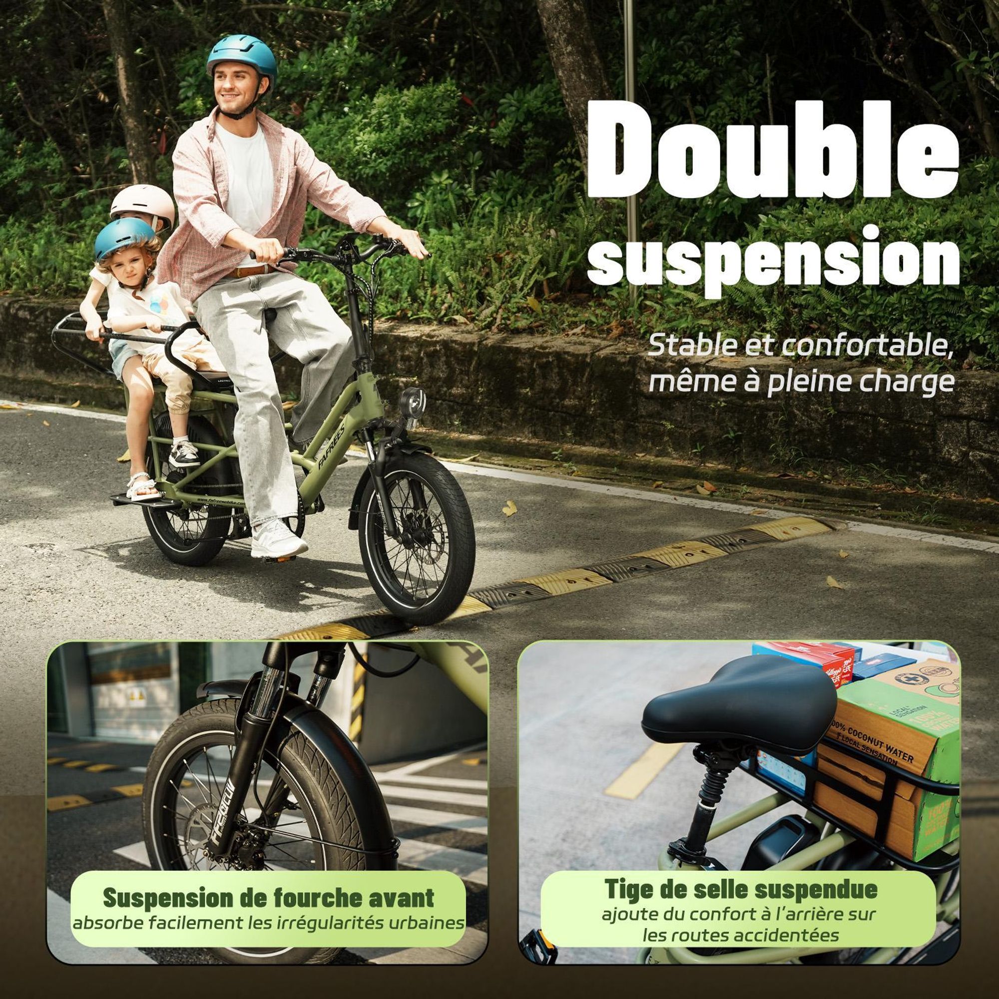Siège enfant double arrière FAFREES FF20 CUV vélo 24AH, 0-12 ans charge 100kg acier antirouge-vert