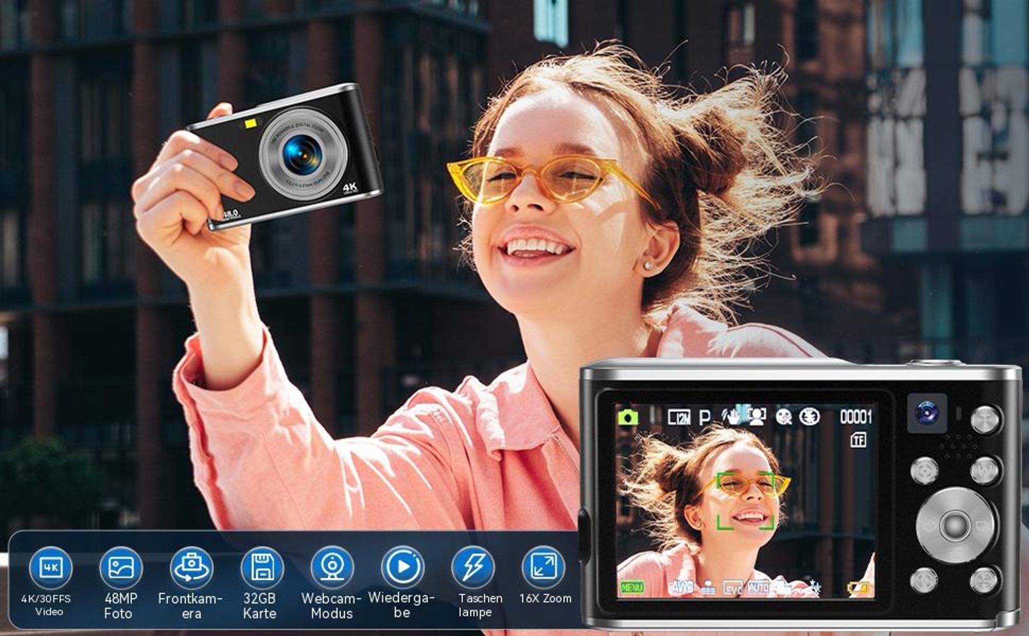 4K Autofokus Digitalkamera, Dual-Kamera Vlogging Fotokamera (32GB Karte, 16X Zoom, 2,8" Display) Tragbare Kompaktkamera für Anfänger Teenager