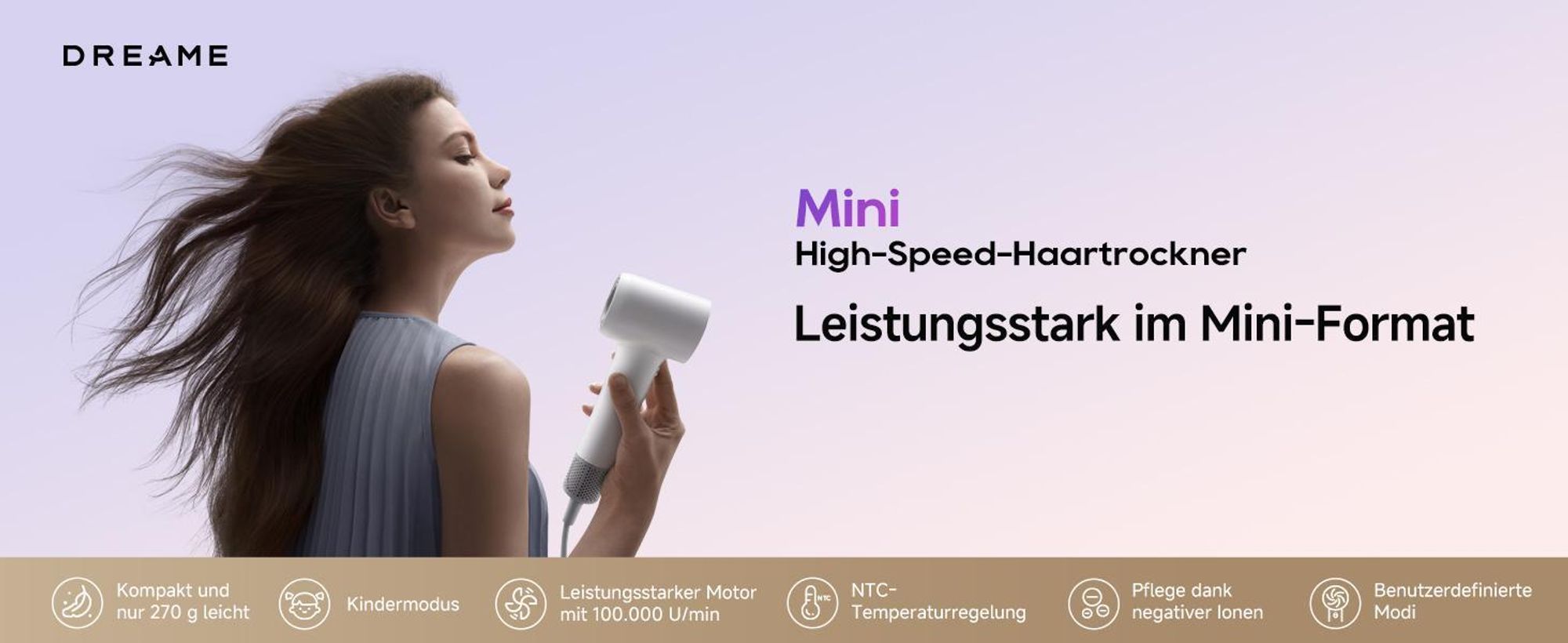 Dreame Mini Hochleistungs-Haartrockner,270g leicht,schnelltrocknend Fön,100K U/min Motor,NTC-Temperaturregelung, Negativ-Ionen,5 Steuerungsmodi,Weiß
