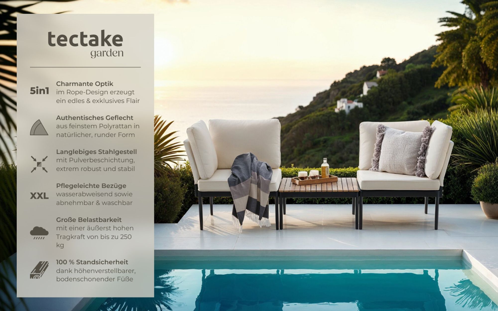 tectake® Aluminium Gartenlounge-Set Magaluf 5 in 1 Funktion, 5-fach verstellbare Lehne, dicke Polsterung