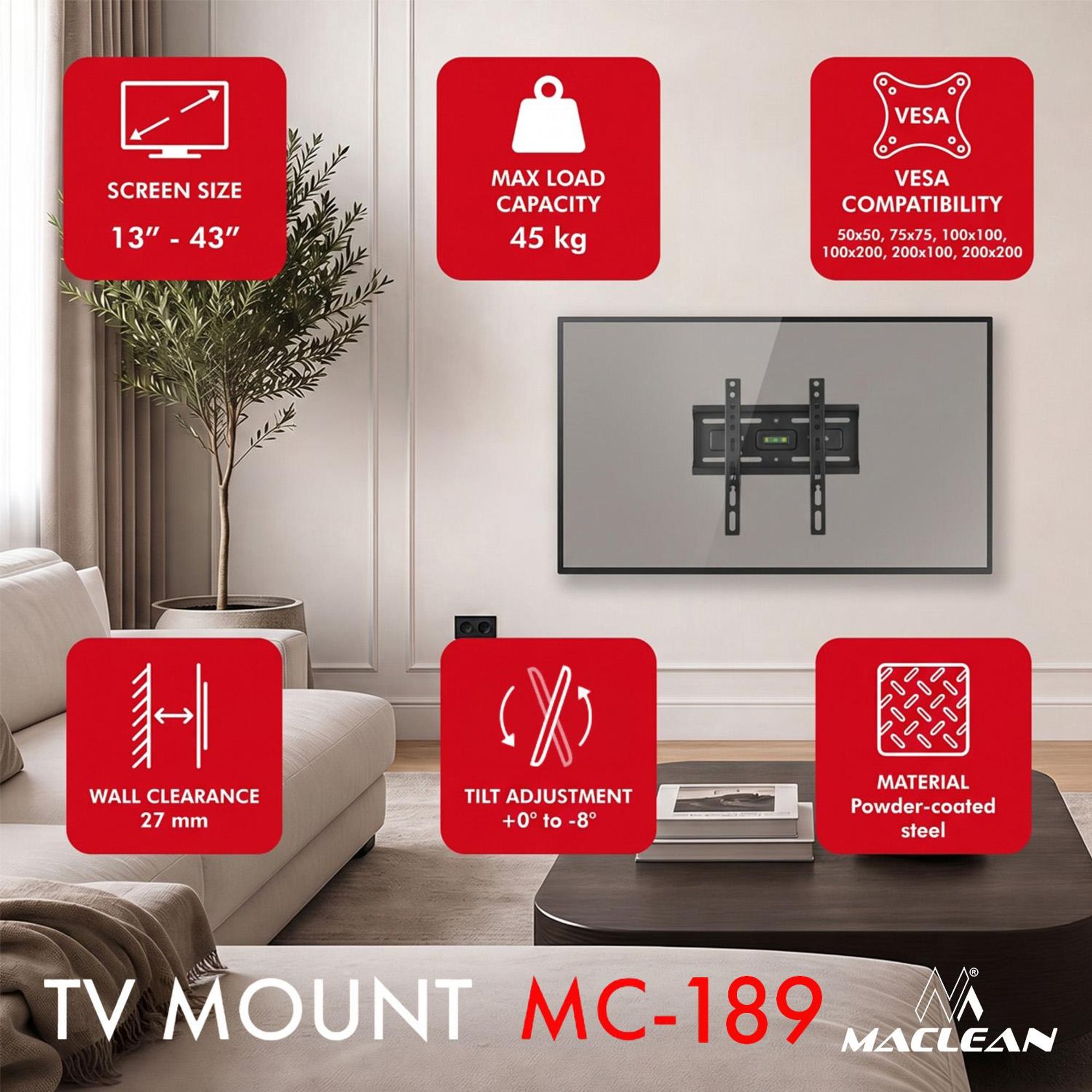 Maclean TV-Halterung/Aufhängung max. VESA 200x200 13–43" bis zu 45 kg schwarz Neigungsverstellung +2° bis -10° MC-189