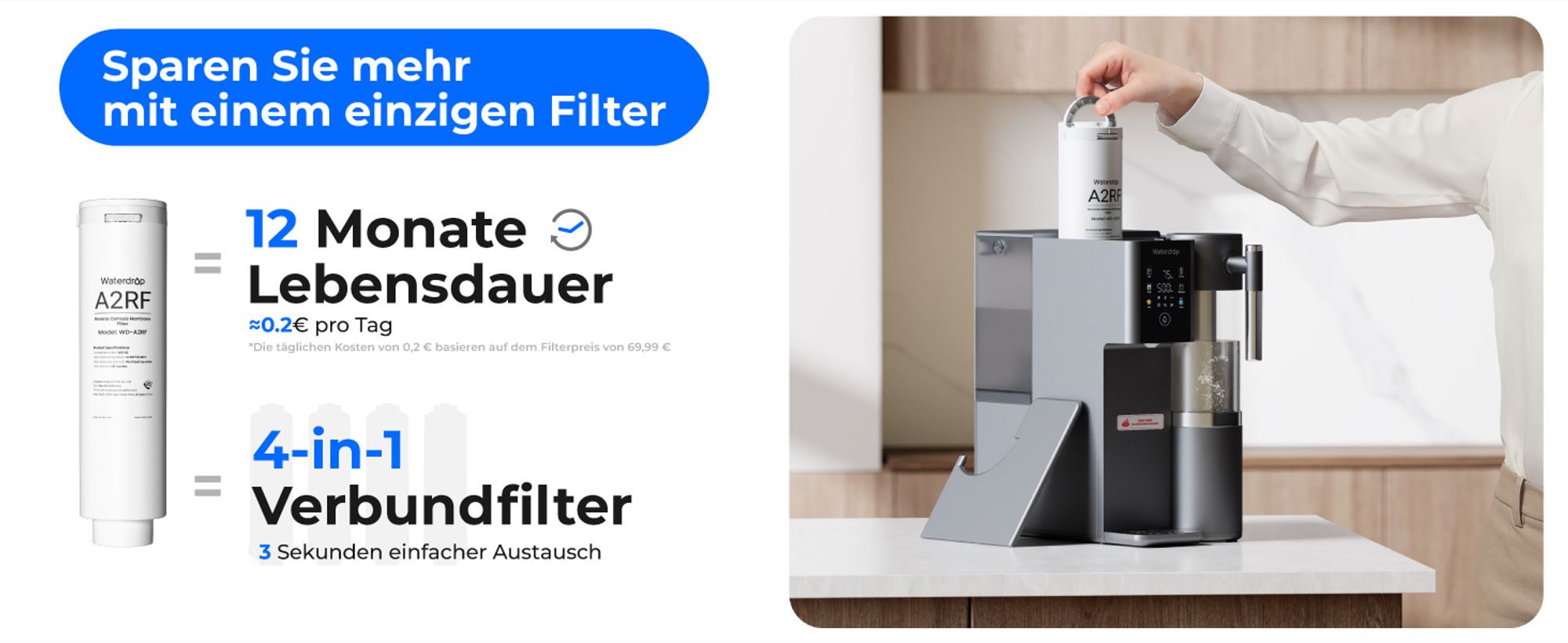 Waterdrop WD-A2 Arbeitsplatte Umkehrosmoseanlage, Heißes und Kaltes RO-System, Tragbarer Reinwassertank, Flaschenloser Wasserkühler