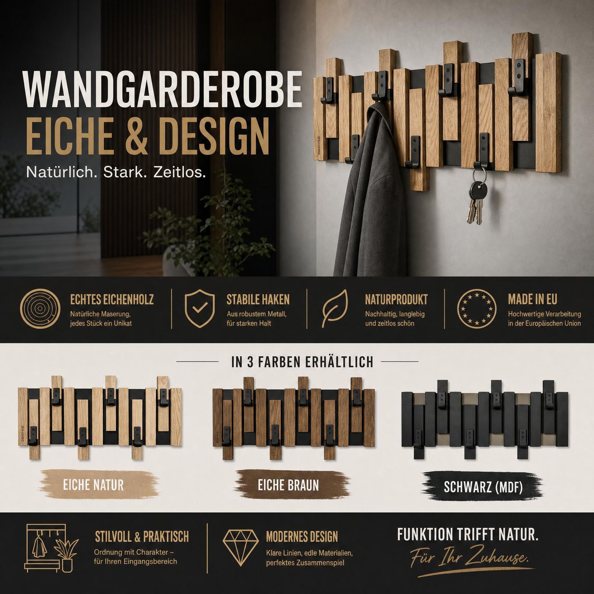 Kleiderhaken wand Wandgarderobe Garderobe Holz Eiche design Lamellen paneele Schwarz modern natur 3 Dimensionen (80cm)