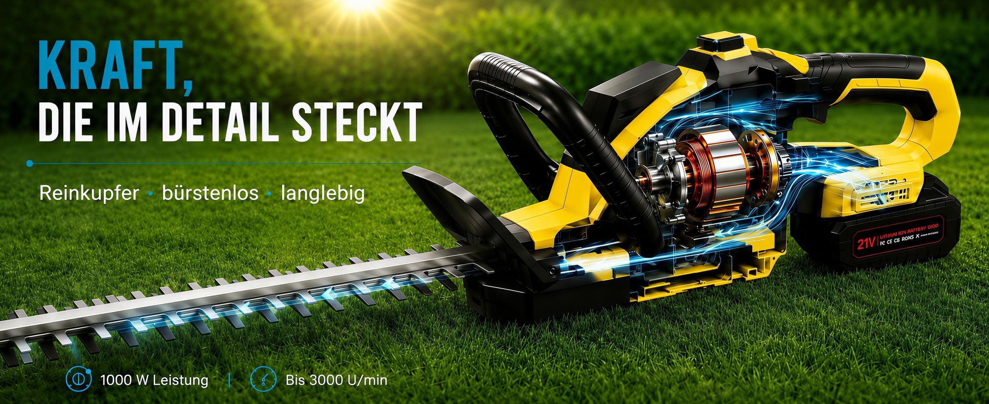 Akku Heckenschere, 21" Klingen Heckenschere mit 2 × 4000mAh Akkus, 3000RPM, bürstenloser motor,180° drehbarer Kopf,Doppelter Sicherheitsschalter,Gelb