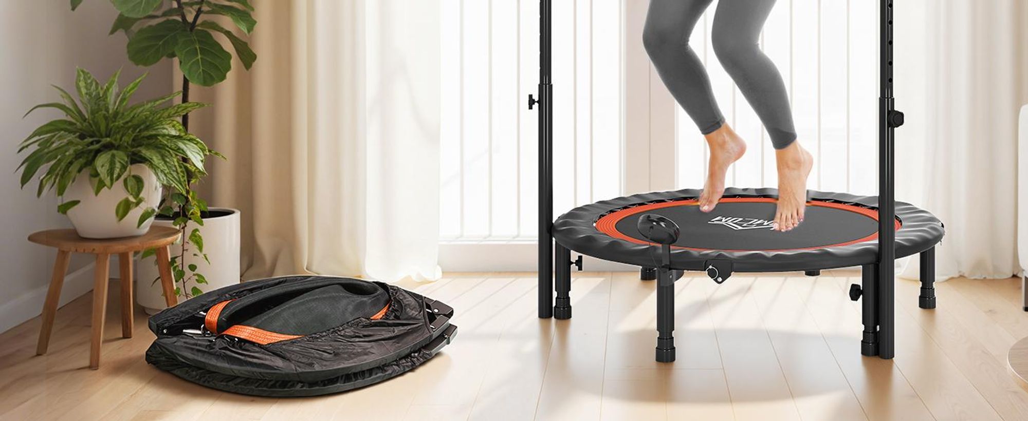 Trampolina fitness SPORTNOW 102 cm, składana mini trampolina z 4-stopniową regulacją wysokości uchwytu, monitor LCD, trampolina fitness dla dorosłych, do 150 kg