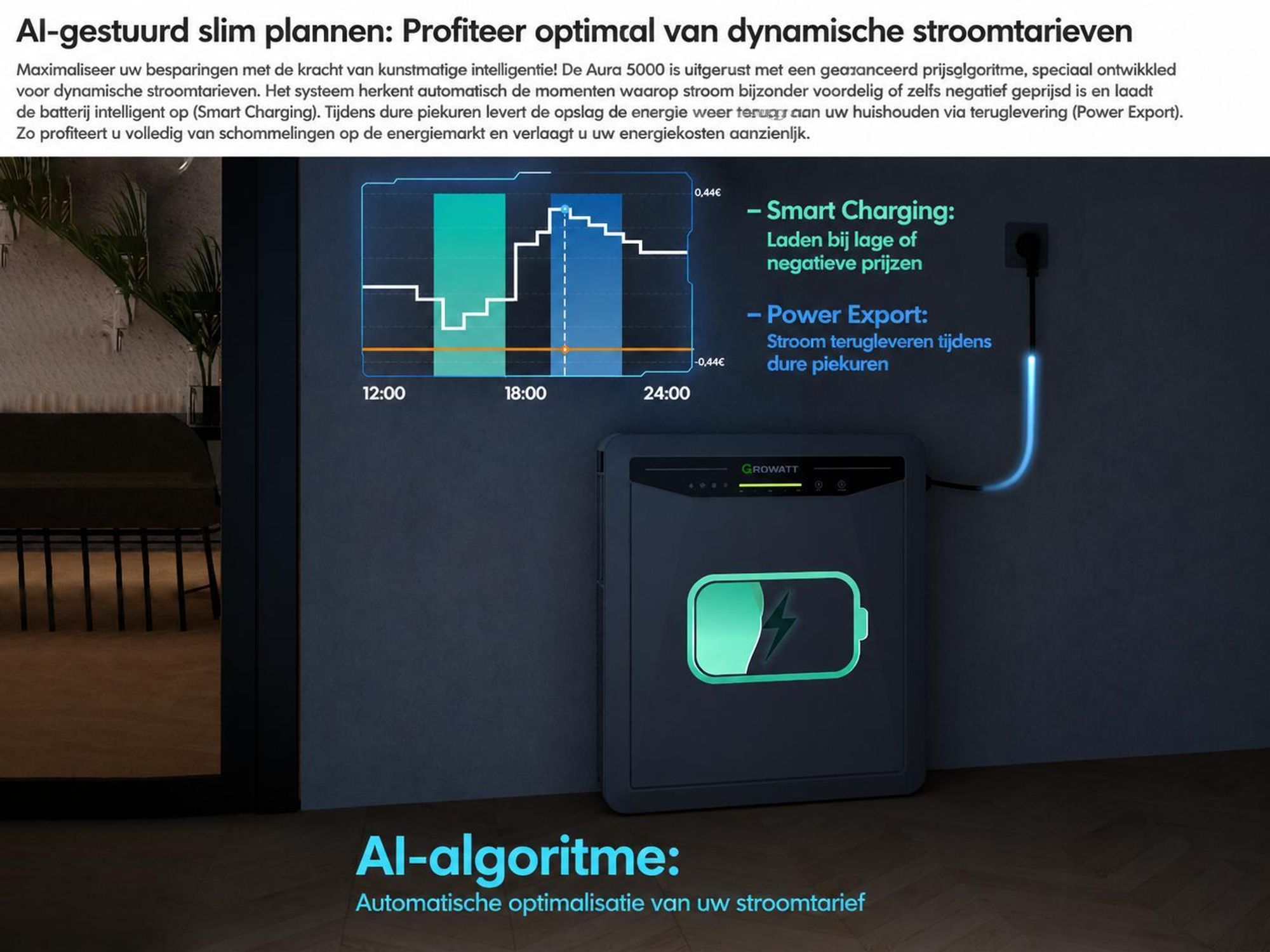 Powerness® Thuisbatterij voor Balkonzonnepanelen, 5 kWh Growatt Aura 5000 met 2300 W zonnepaneel-ingang, IP66