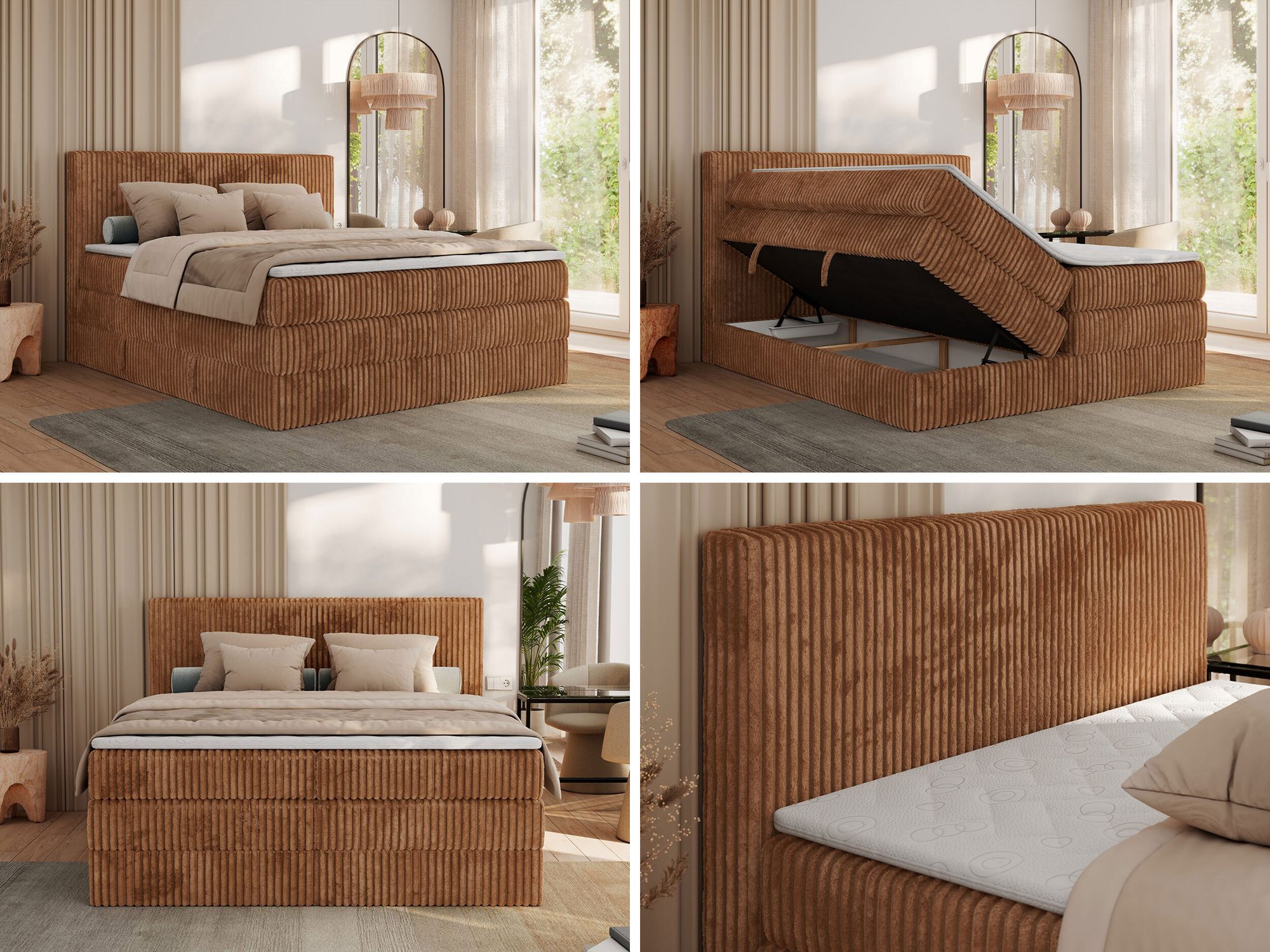 Stilvolles Bett mit Stauraum und weichem Kopfteil.