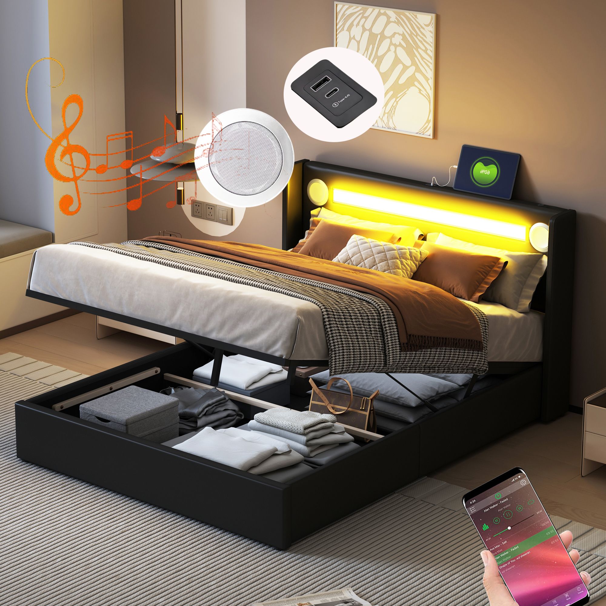 Flieks Polsterbett 160x200cm mit USB und Bluetooth-Player, Boxspringbett Doppelbett mit LED und Lattenrost, Stauraumbett Jugendbett, PU, Schwarz
