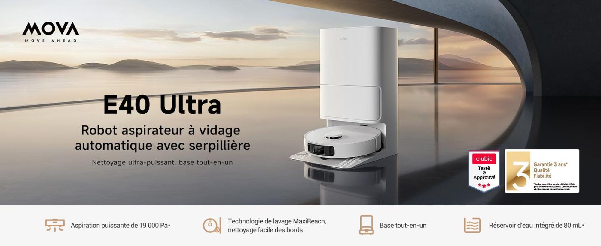 MOVA E40 Ultra - Robot aspirateur & balayeur, 19.000 Pa, vidage automatique, balai MaxiReach, brosse latérale, station tout-en-un, jusqu'à 75 jours de nettoyage