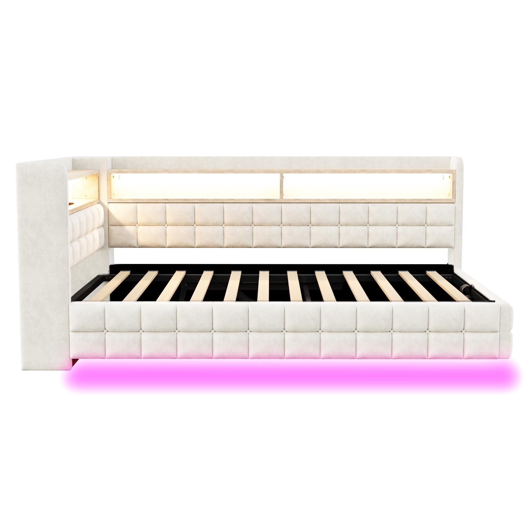 Merax Polsterbett Schlafsofa 90x200cm mit LED-Beleuchtung, Tagesbett mit Hydraulischer Stauraum und Holzregal, USB-Ladeanschlüsse, Samtstoff, Beige