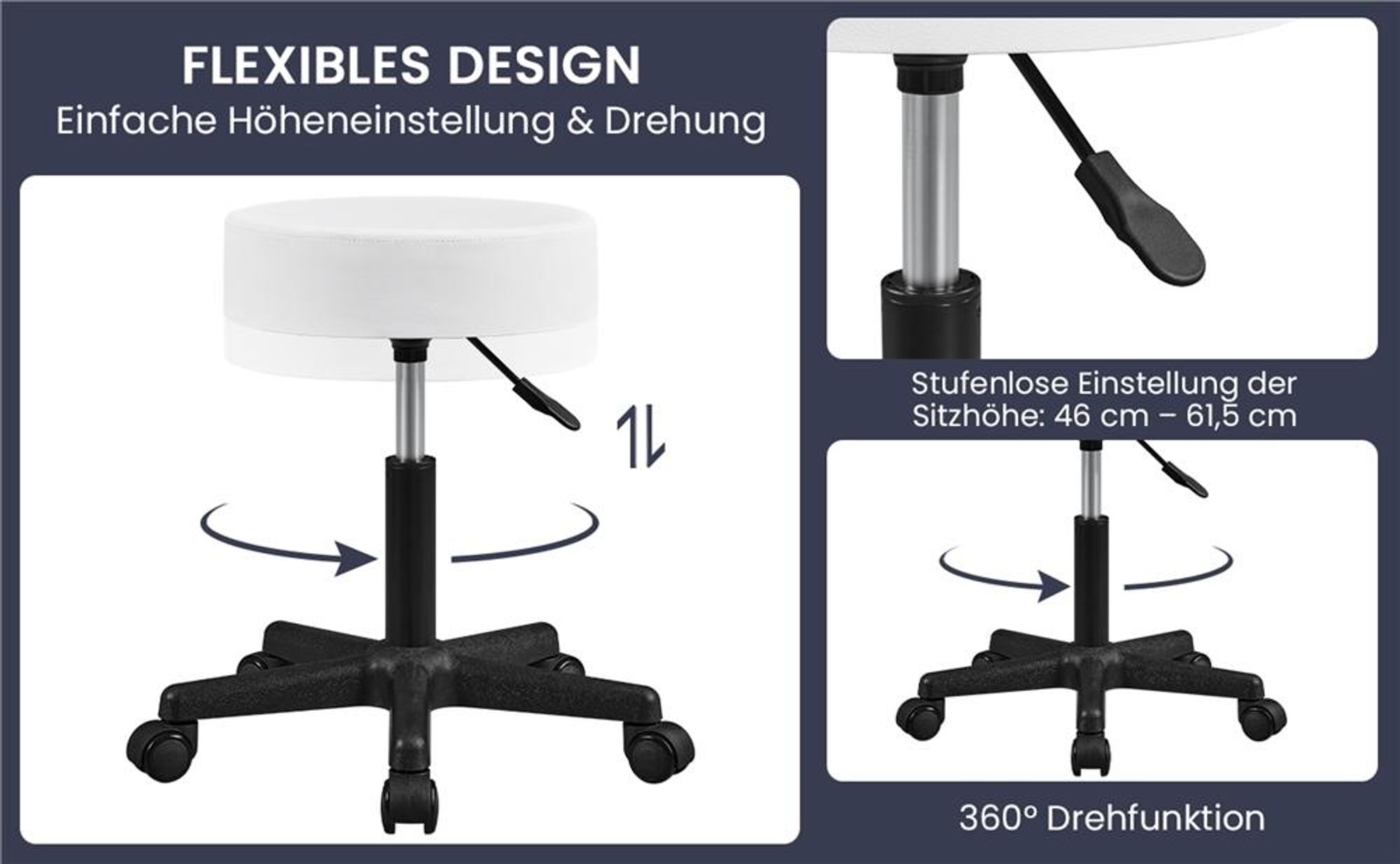 Yaheetech Rollhocker Drehhocker, höhenverstellbarer Arbeitshocker, Drehstuhl mit Rollen, Praxishocker Kosmetikhocker, bis 150 kg, Weiß