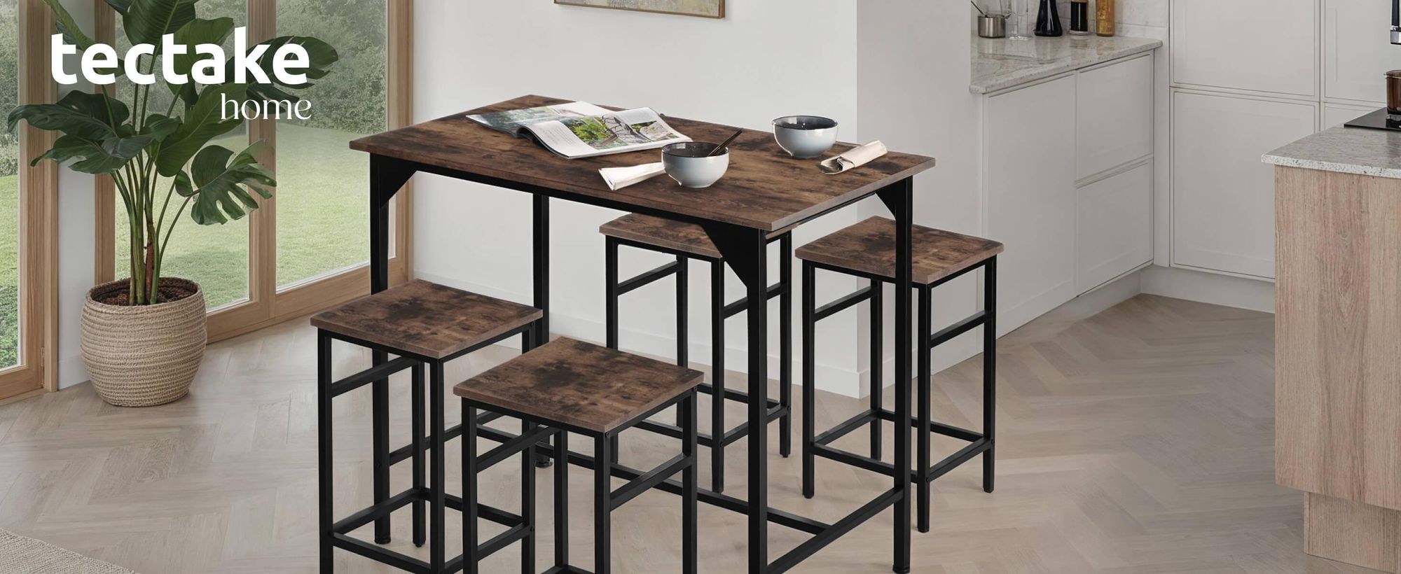 tectake® Bartisch-Set Edinburgh 5-teilig mit höhenverstellbaren Kunststofffüßen