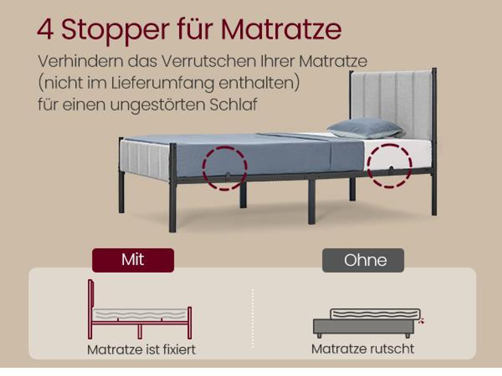VASAGLE Einzelbettgestell, 90 x 200 cm, Bettgestell, mit gepolstertem Kopfteil, Bettrahmen, Stahl, trägt bis zu 250 kg, einfache Montage