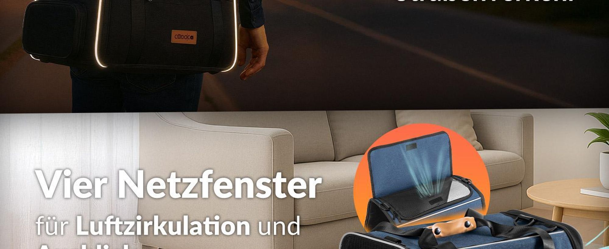 CADOCA® Transportbox Katzen bis 20kg faltbar Sonnen- und Regendach Schultergurt mit Napf Atmungsaktiv Komfortabel Wendekissen Haustier Katzenbox Tragetasche Hunde Auto Grau