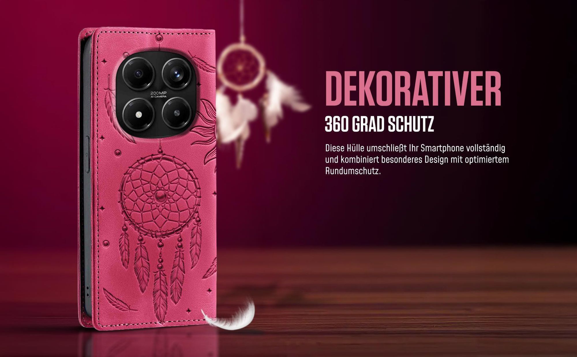Dream Catcher Design Flipcase in Magenta für Xiaomi Redmi Note 15 Pro 5G mit 360 Grad Schutz