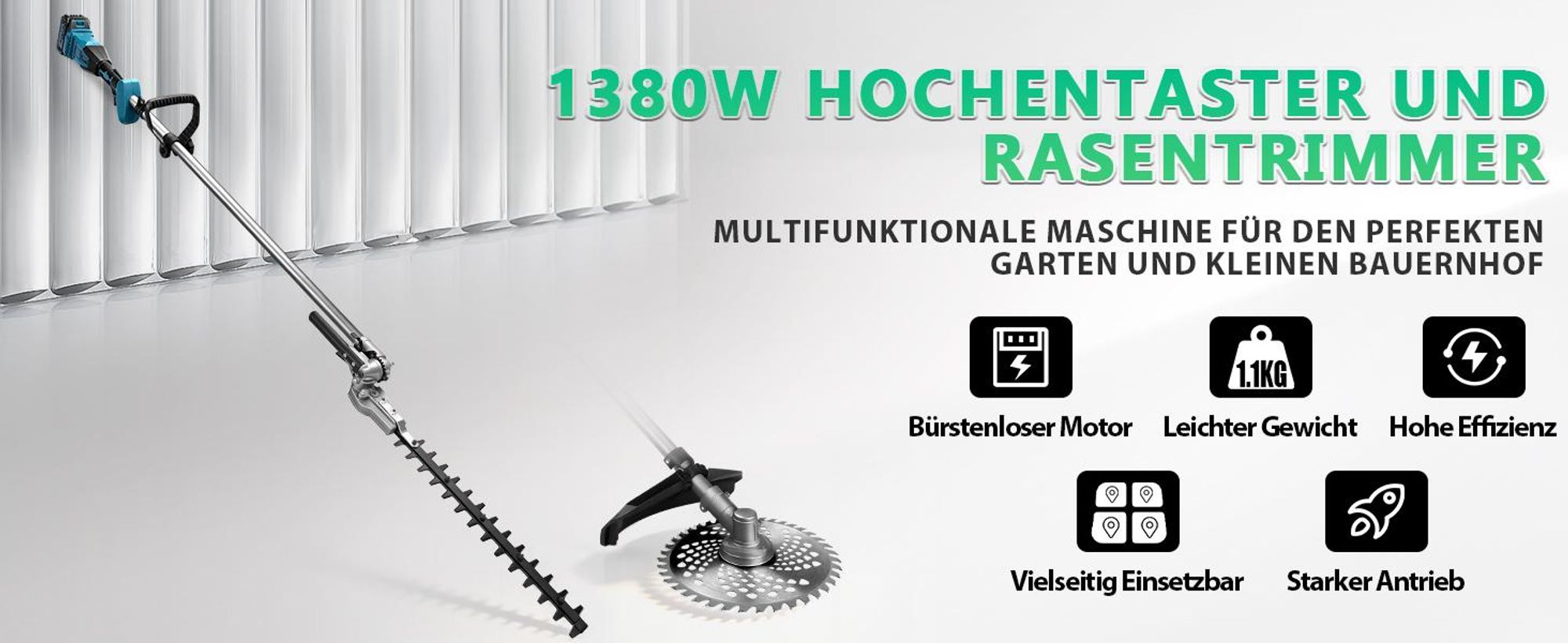 1380W 2-IN-1 Akku Rasentrimmer & Heckenschere (210 cm/165° ) 18800RPM Bürstenloser mit 2x4.0AH AKKU, 7 Klingentypen, Freischneider für Makita 18V