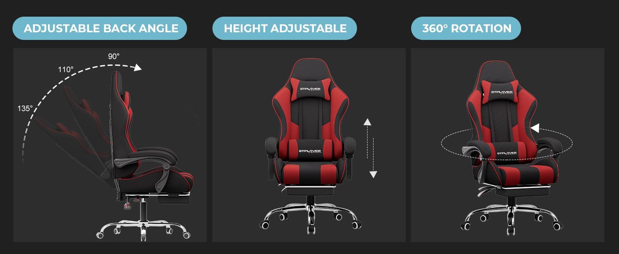 GTPLAYER Fotel biurowy Fotel do gier Fotel do gier z tkaniny Ergonomiczny fotel do gier z podnóżkiem, zagłówkiem i poduszką lędźwiową, wyściełany fotel do gier, CZERWONY