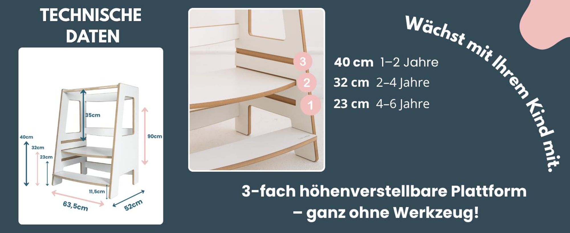 DOUBLE - Montessori Lernturm Kitchen Helper Kinderplattform Küchenturm | Lernturm für Geschwister | Lernturm für zwei Kinder